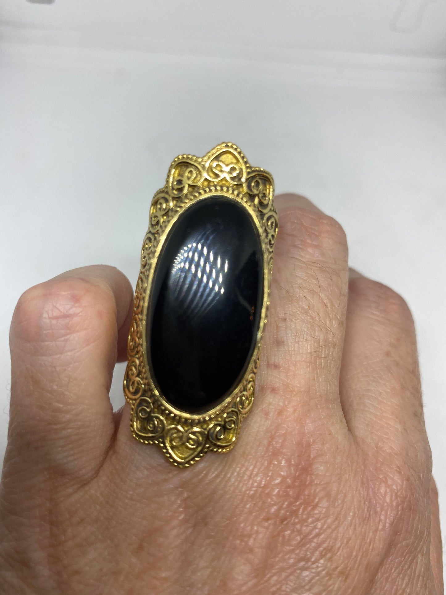 Vintage Genuine Black Onyx Golden Bronx Ring Size 8.5 Adjustable