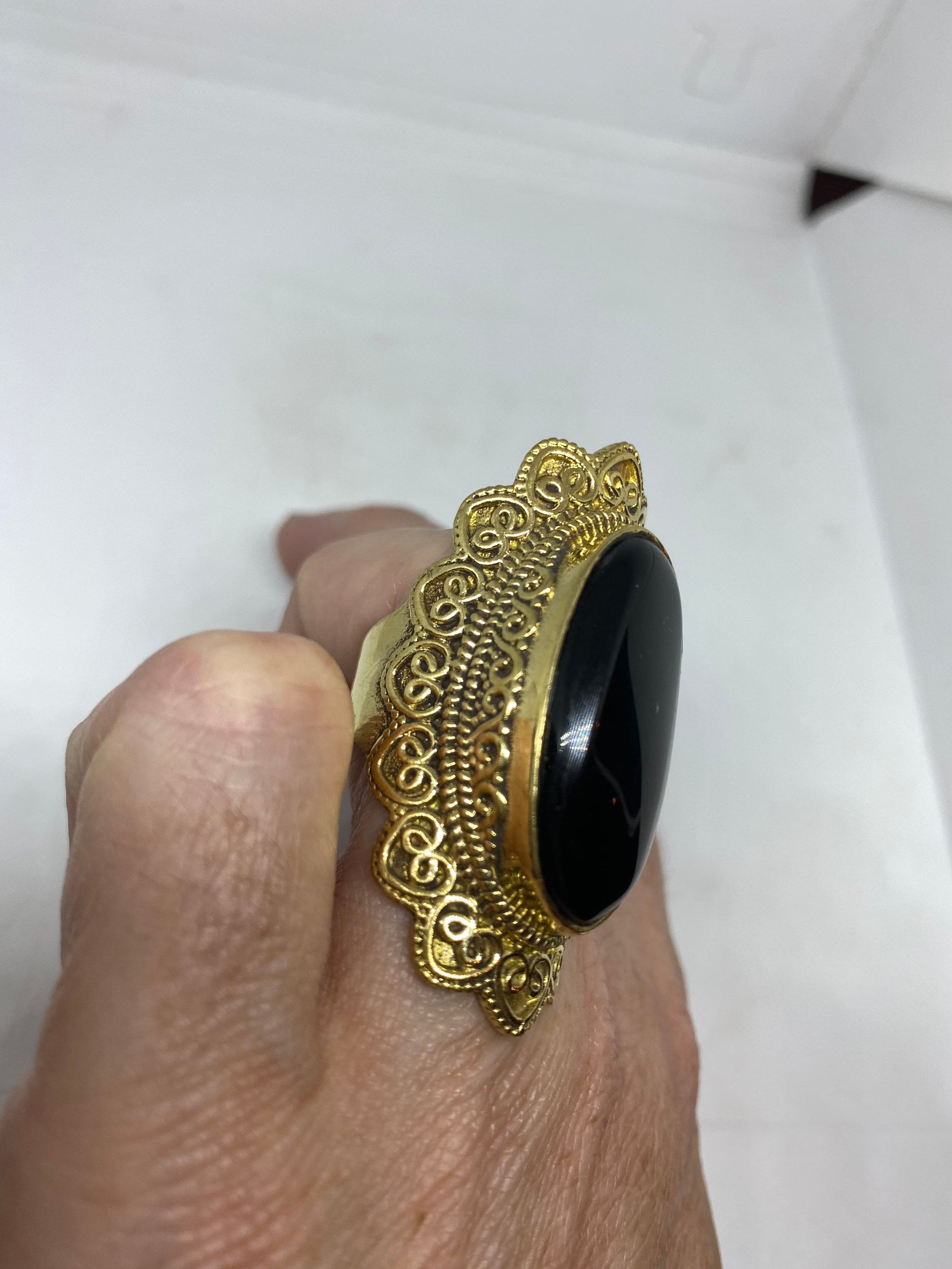 Vintage Genuine Black Onyx Golden Bronx Ring Size 8.5 Adjustable