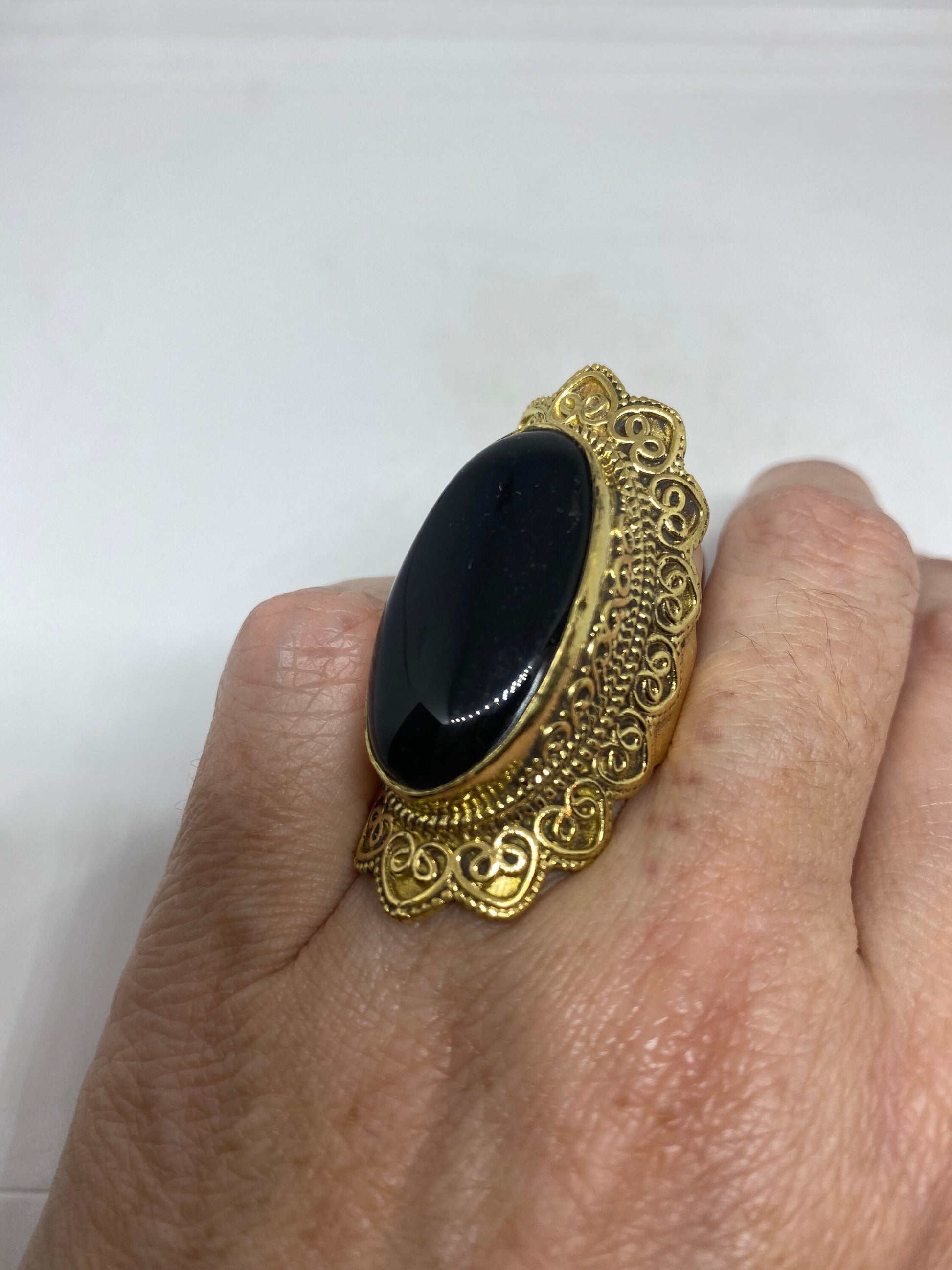 Vintage Genuine Black Onyx Golden Bronx Ring Size 8.5 Adjustable