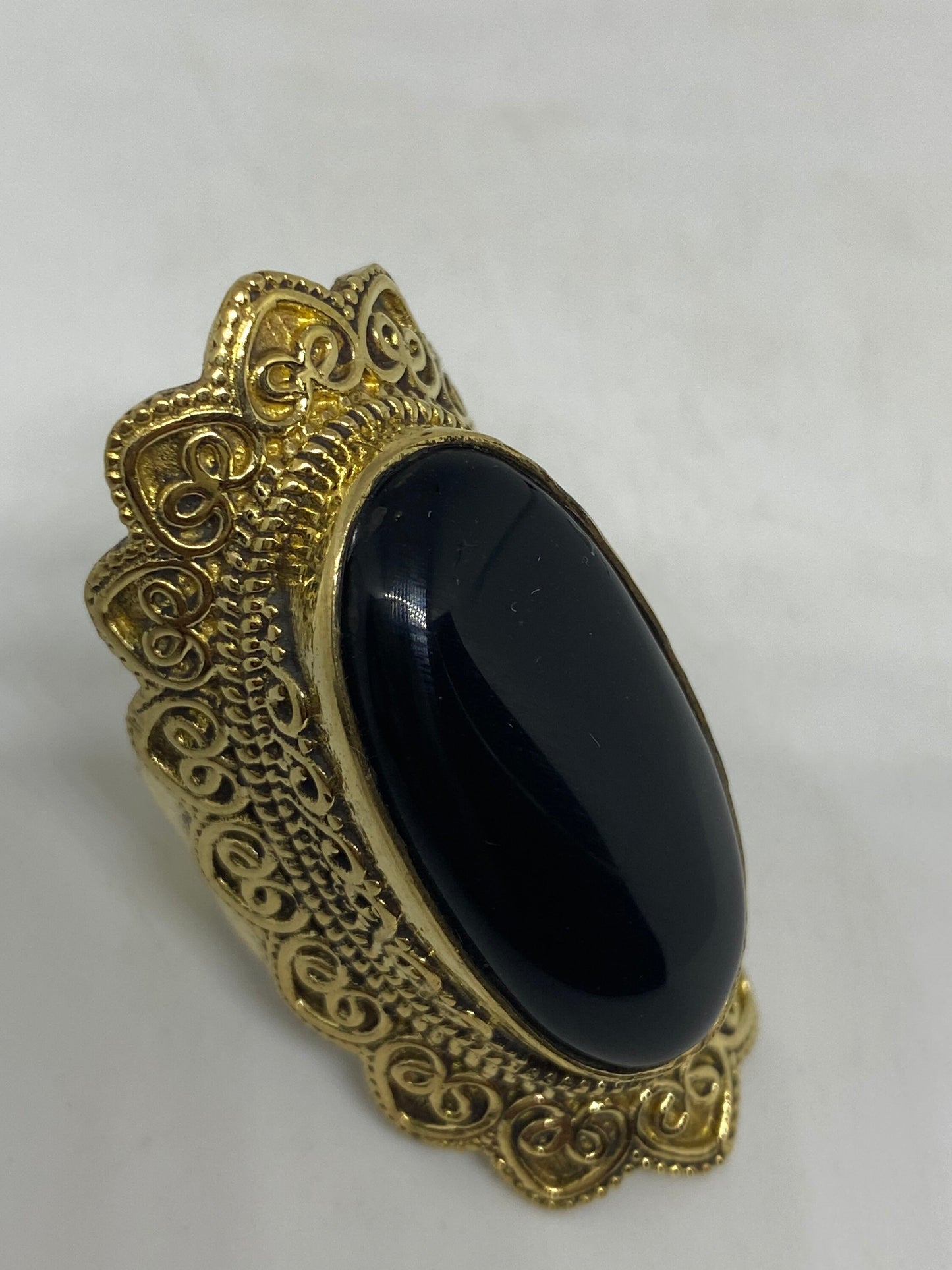 Vintage Genuine Black Onyx Golden Bronx Ring Size 8.5 Adjustable