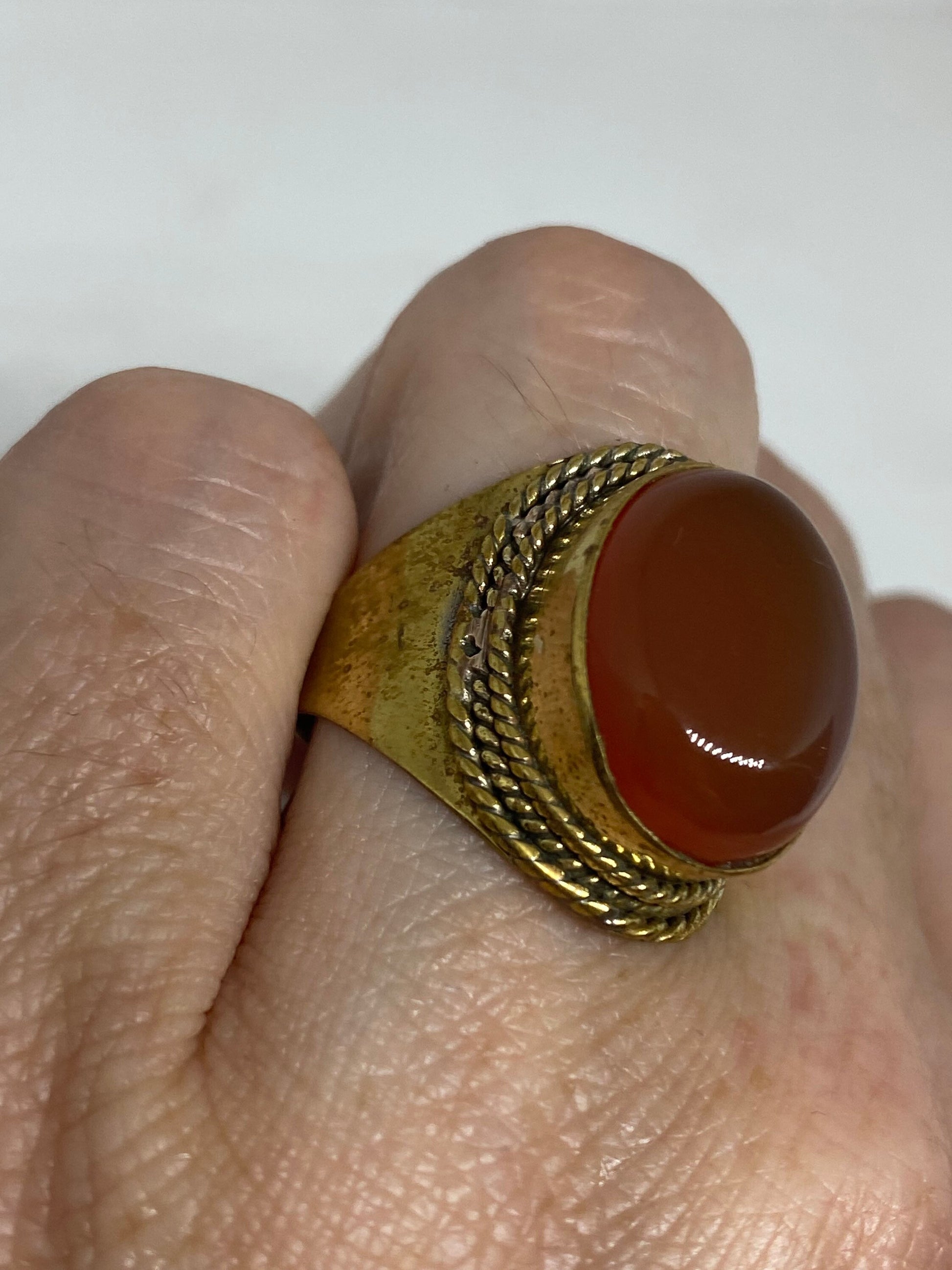 Vintage Genuine Red Carnelian Golden Bronze Ring