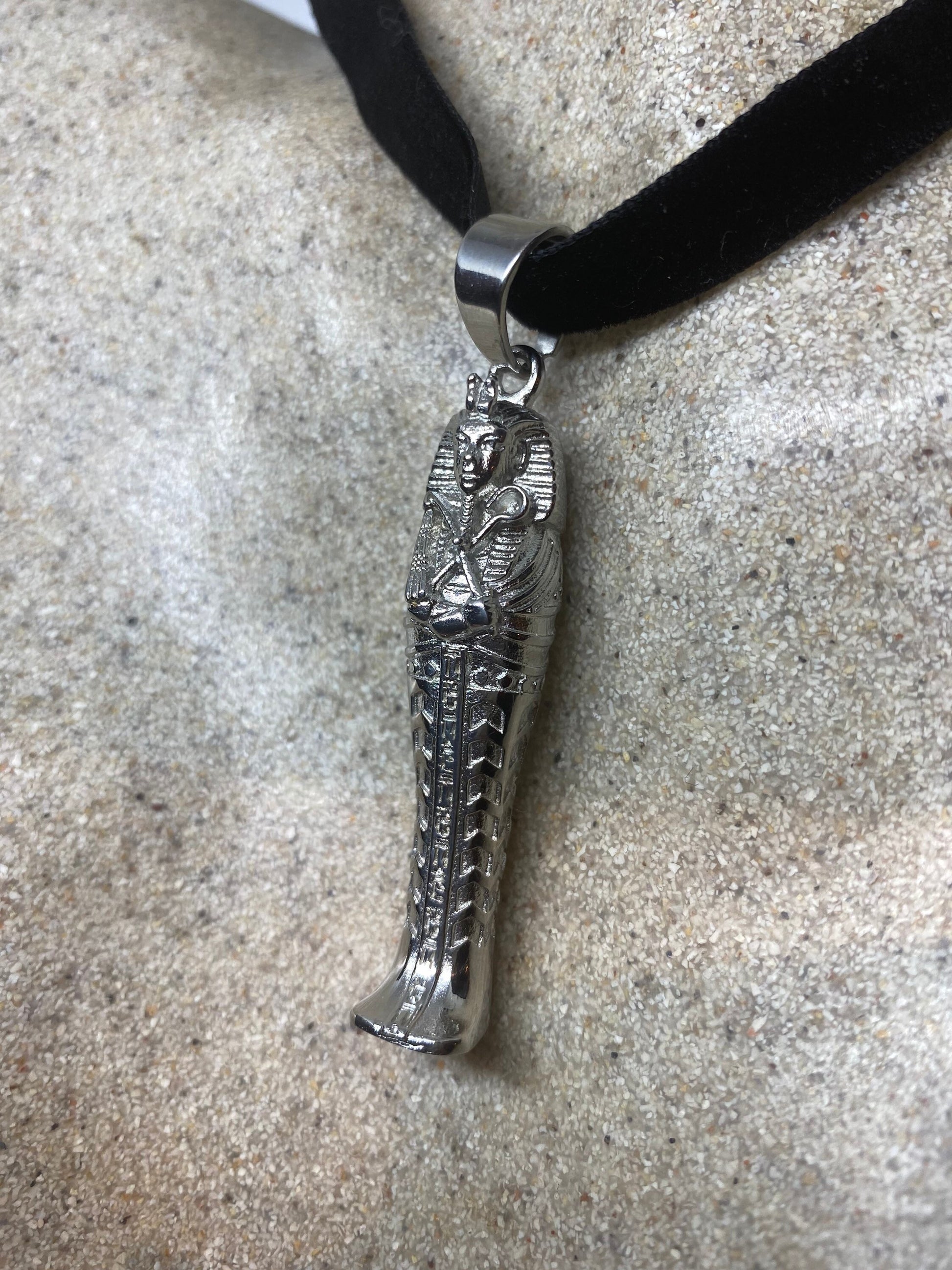 Vintage Silver Stainless Steel Egyptian Mummy Pendant Necklace