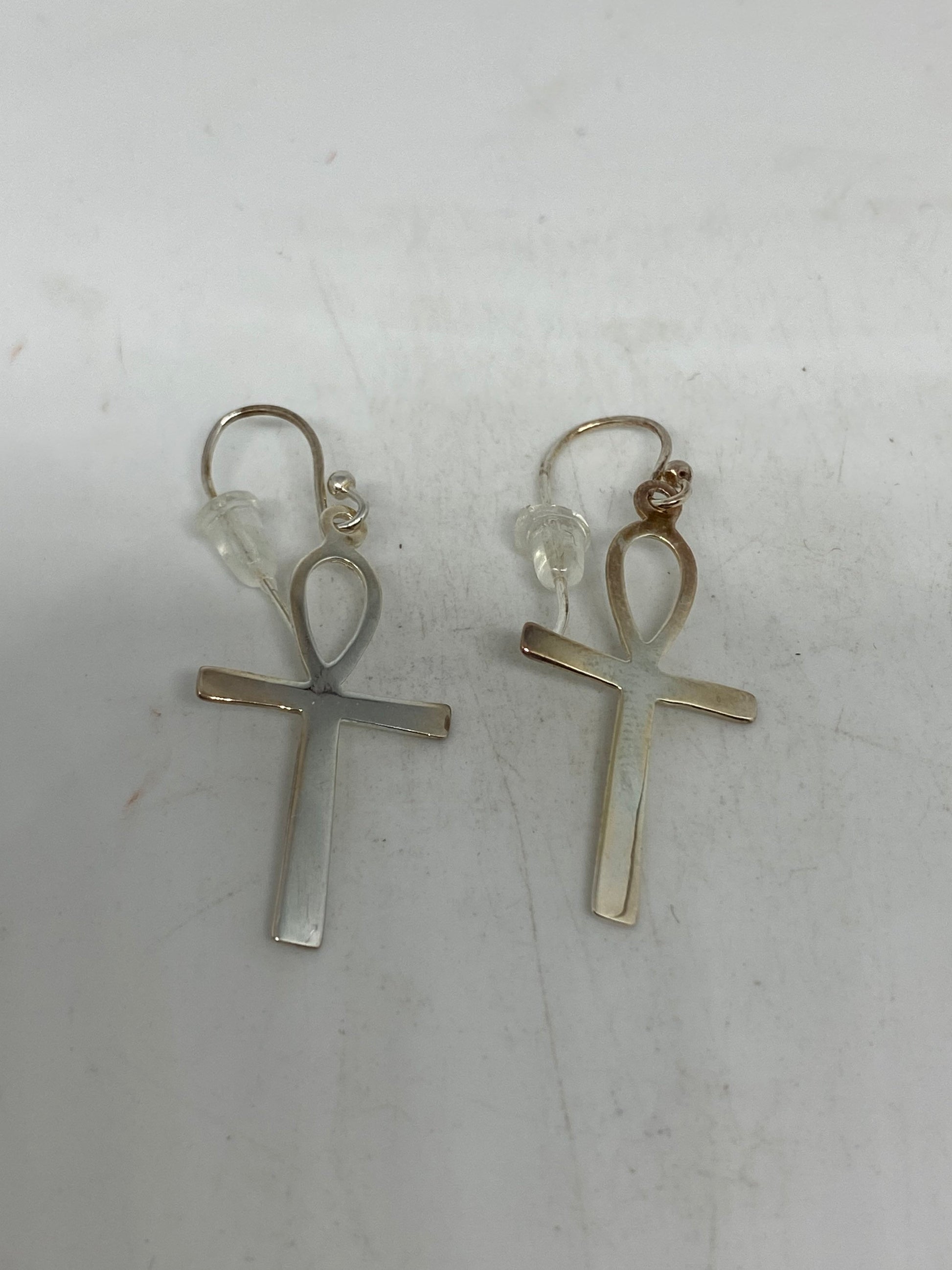 Vintage Handmade 925 Sterling Silve Ankh Deco Earrings