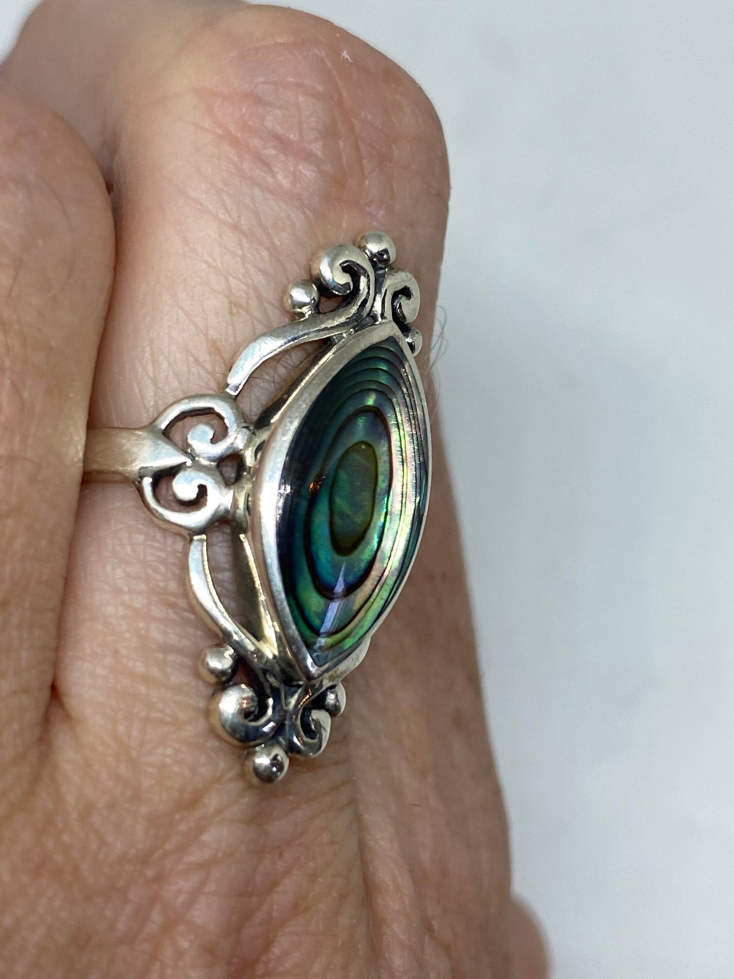 Antique Green Abalone Celtic Knot Filigree Sterling Silver Ring