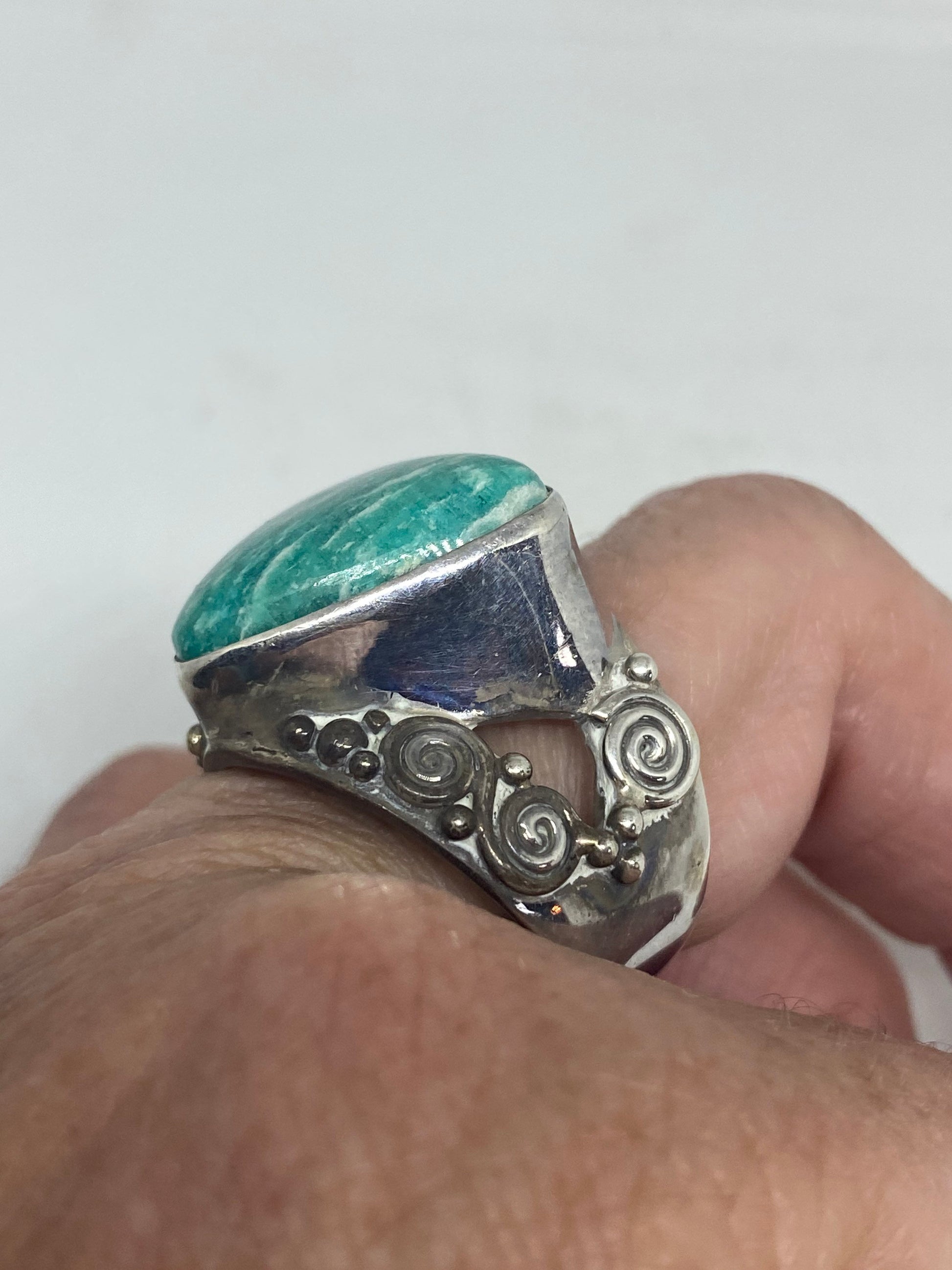 Vintage Green Ammonite Ring 925 Sterling Silver Size 10