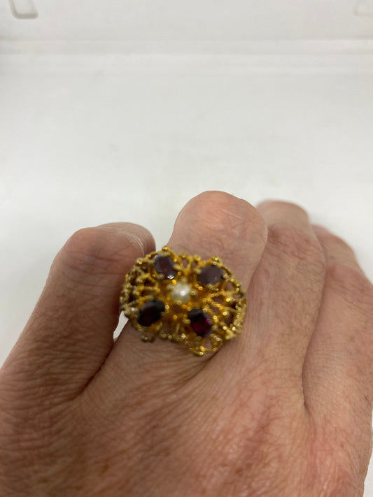 Vintage Red Bohemian Garnet Ring Golden 925 Sterling Silver Cocktail Statement