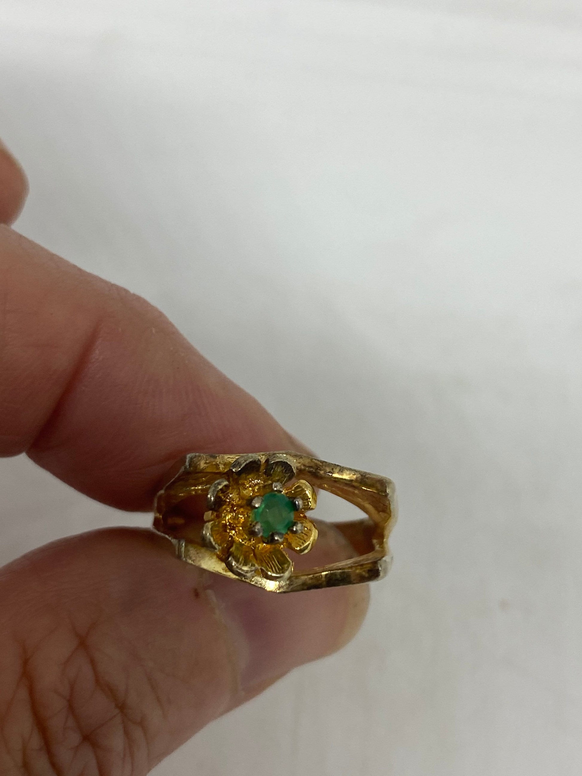 Vintage Handmade Genuine Green Emerald Setting Golden 925 Sterling Silver Gothic Ring