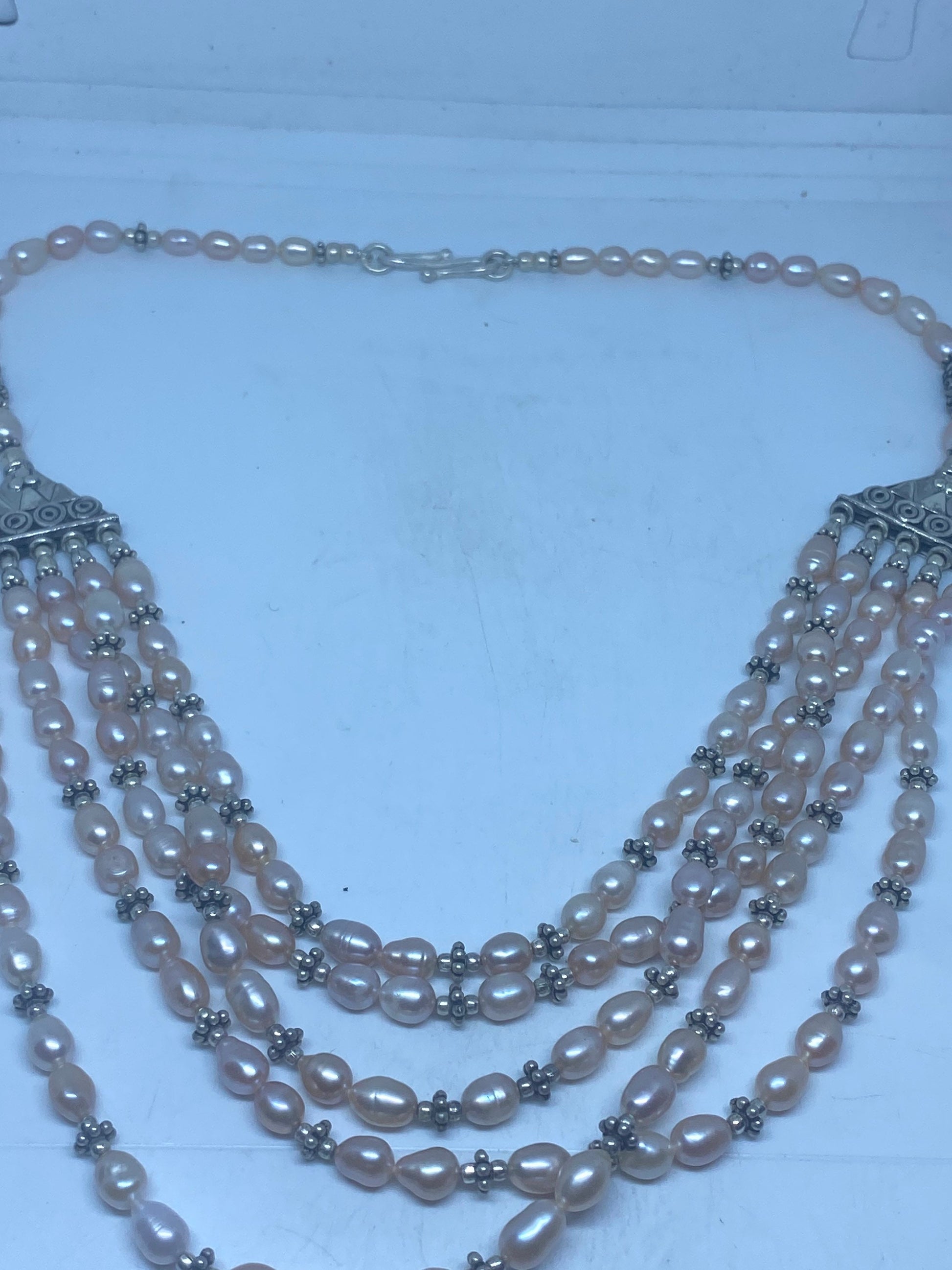 Vintage Moroccan Pink Pearl Necklace Genuine White Pearl with 925 Sterling Silver