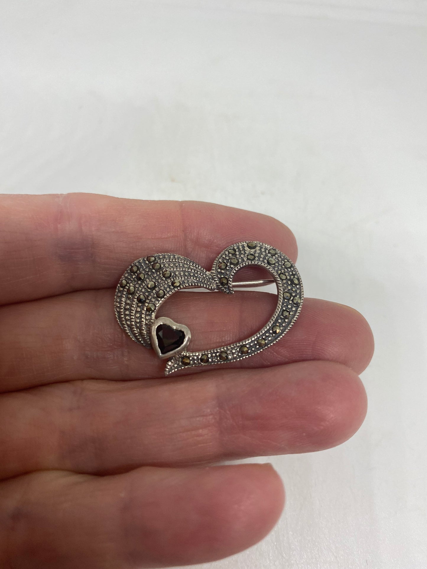 Vintage Heart Pin Marcasite 925 Sterling Silver Garnet Valentine Brooch