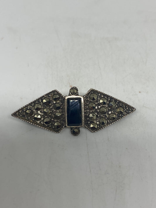 Vintage Black Onyx Pin Marcasite 925 Sterling Silver Brooch