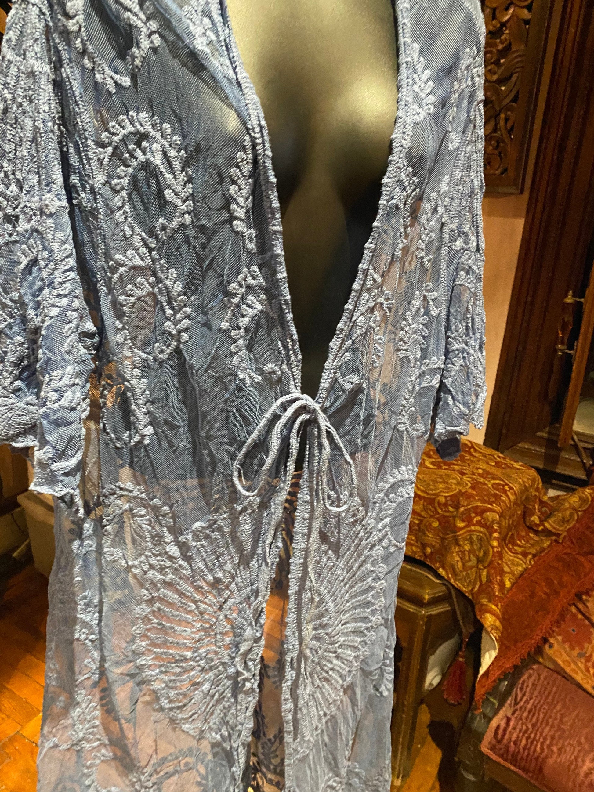 Lace Kimono Jacket Vintage Style Blue Tie Dye Embroidered wrap