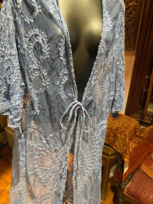 Lace Kimono Jacket Vintage Style Blue Tie Dye Embroidered wrap