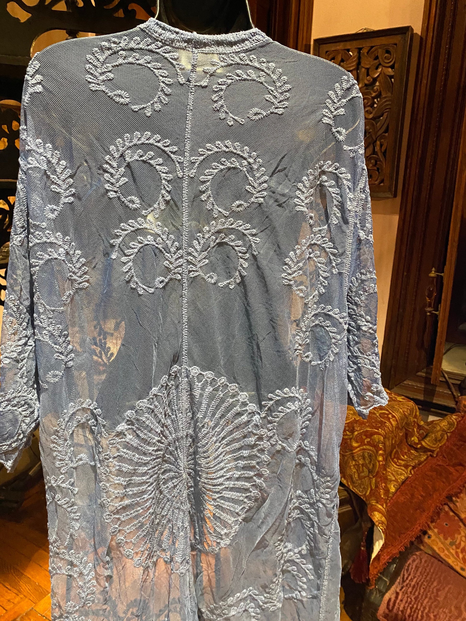 Lace Kimono Jacket Vintage Style Blue Tie Dye Embroidered wrap