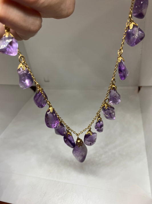 Vintage Purple Amethyst Crystal Charm Necklace Gold filled