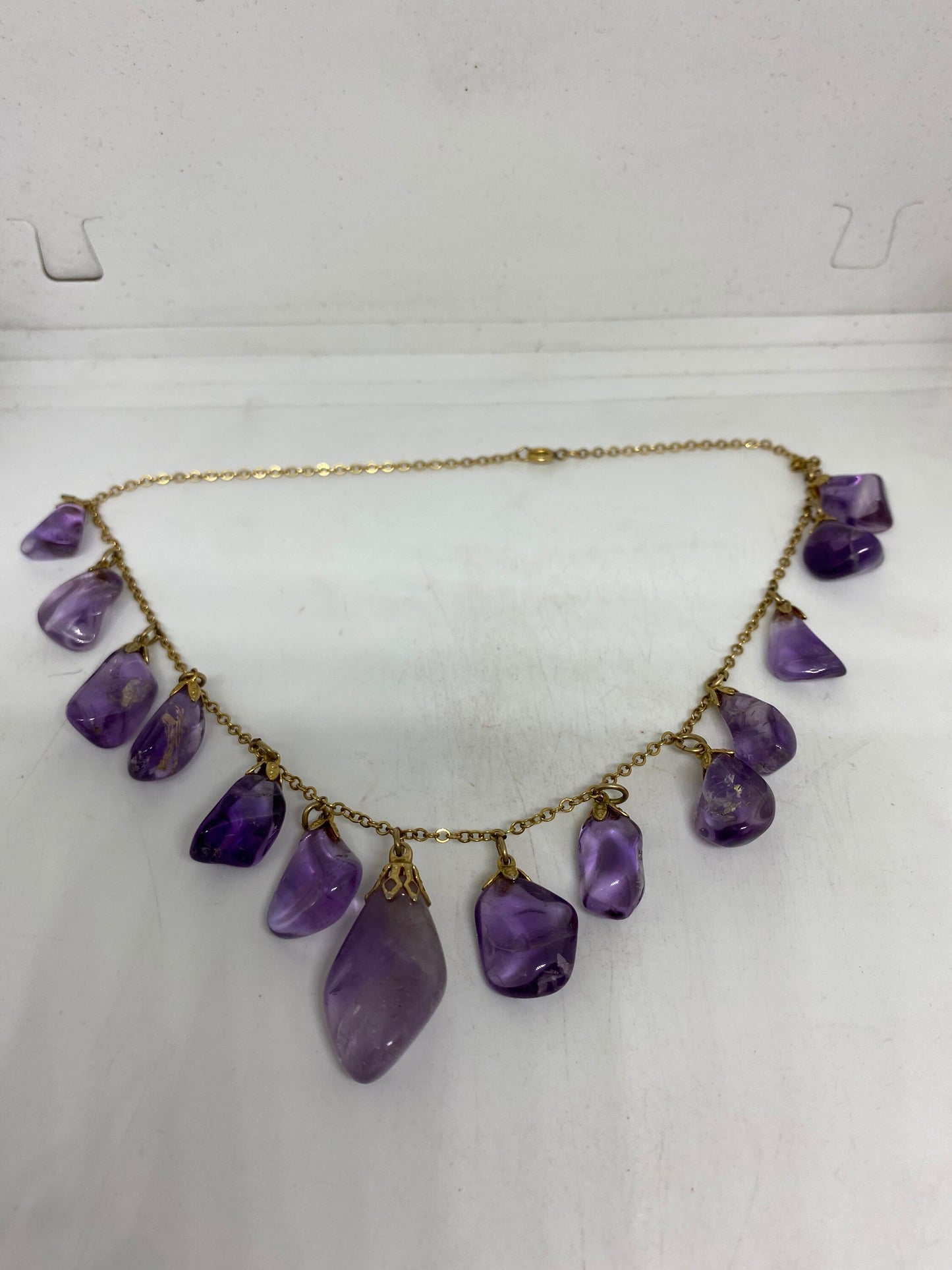 Vintage Purple Amethyst Crystal Charm Necklace Gold filled