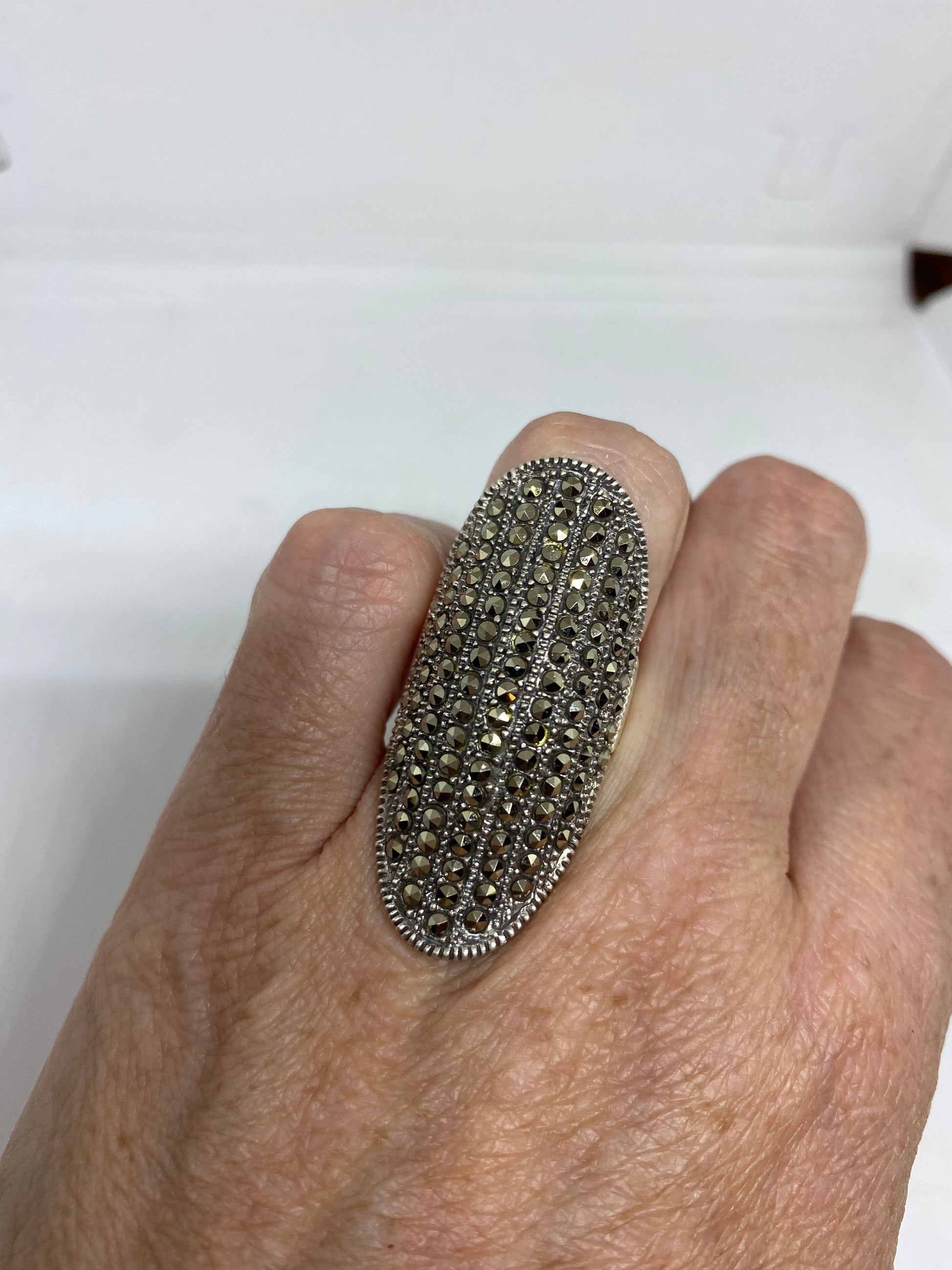 Vintage Handmade Genuine Swiss Marcasite Setting 925 Sterling Silver Gothic Ring