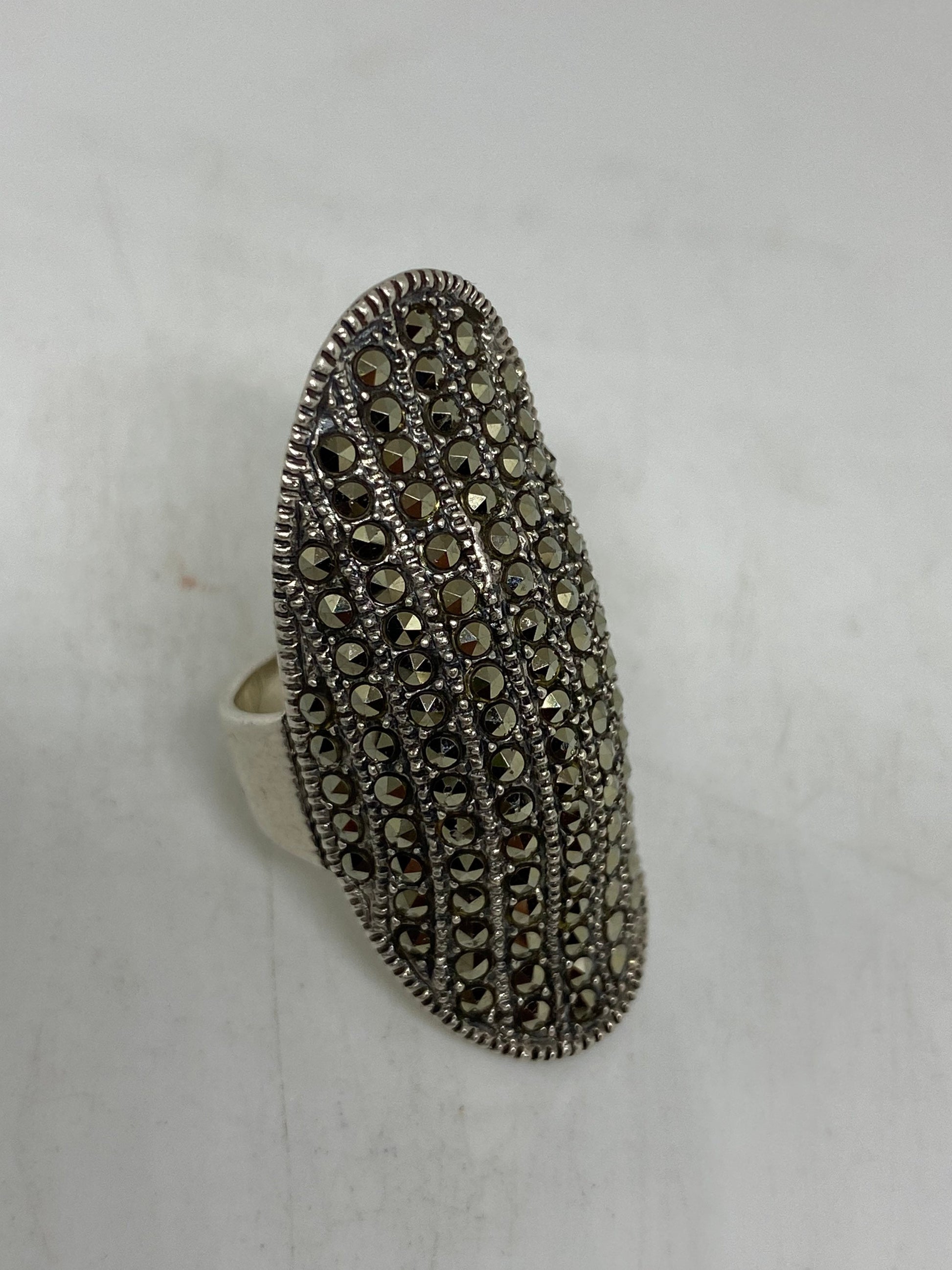 Vintage Handmade Genuine Swiss Marcasite Setting 925 Sterling Silver Gothic Ring