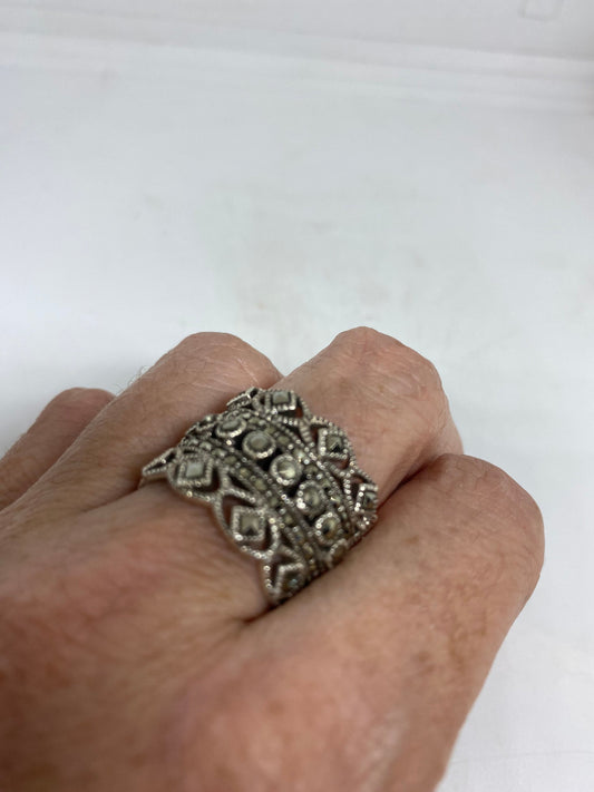 Vintage Handmade Genuine Swiss Marcasite Setting 925 Sterling Silver Gothic Ring