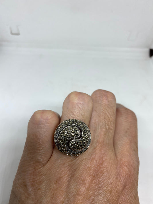 Vintage Handmade Genuine Swiss Marcasite Setting 925 Sterling Silver Gothic Ring