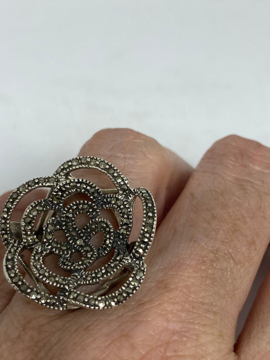 Vintage Handmade Genuine Swiss Marcasite Setting 925 Sterling Silver Gothic Ring