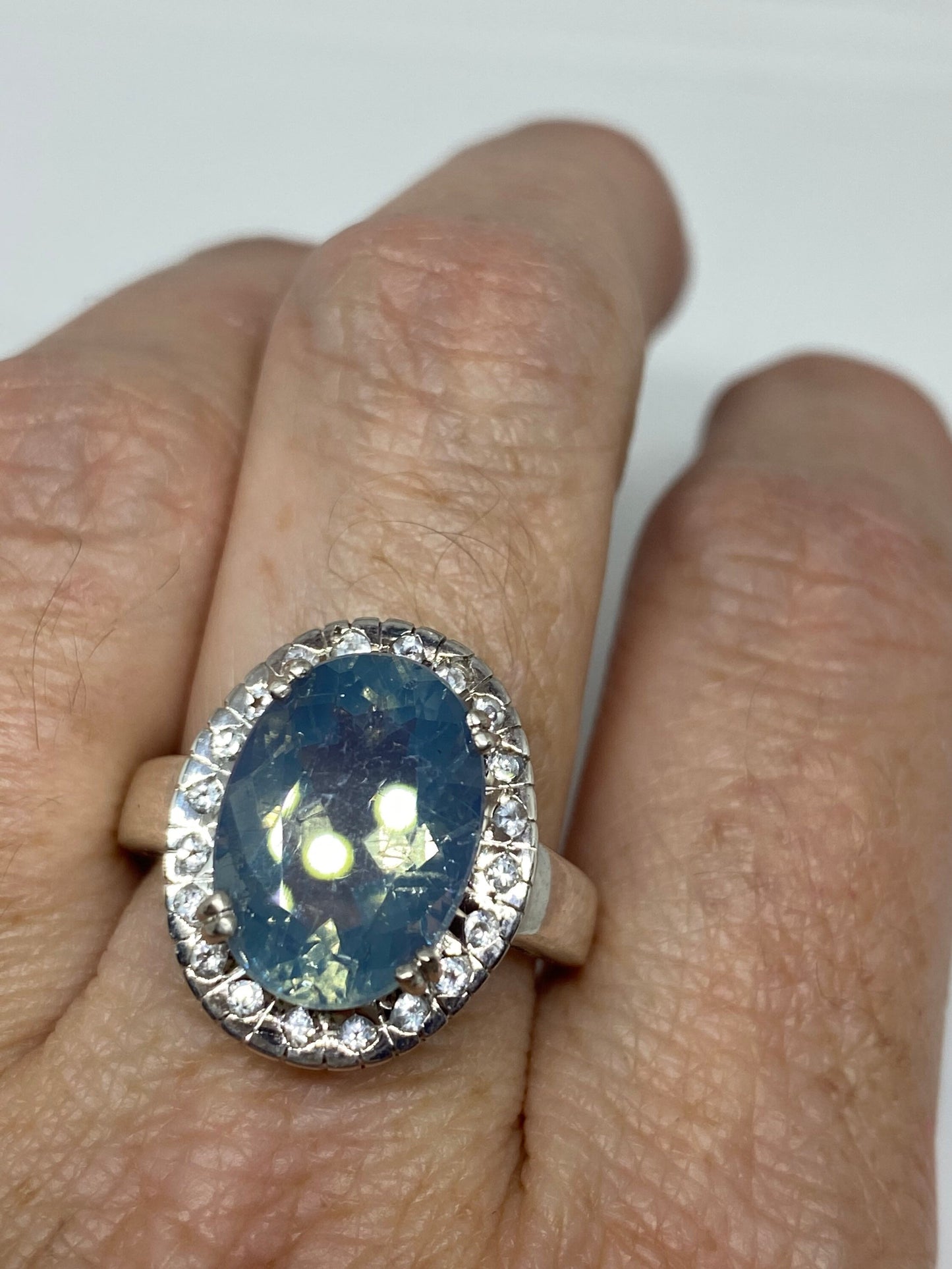 Vintage Blue Smoky Opal Ring White Sapphire 925 Sterling Silver Cocktail Size 8