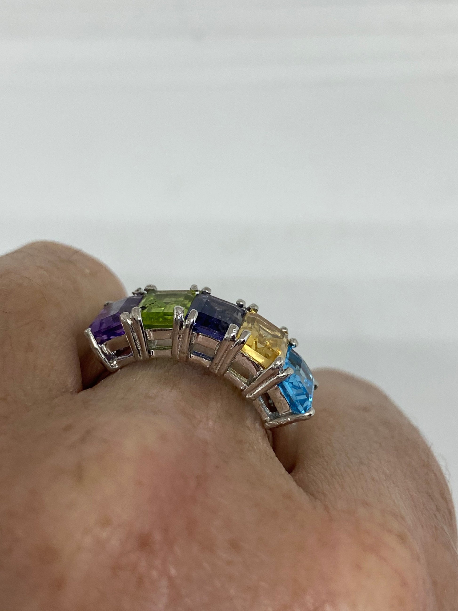 Vintage Mixed Genuine Gemstones 925 Sterling Silver Ring