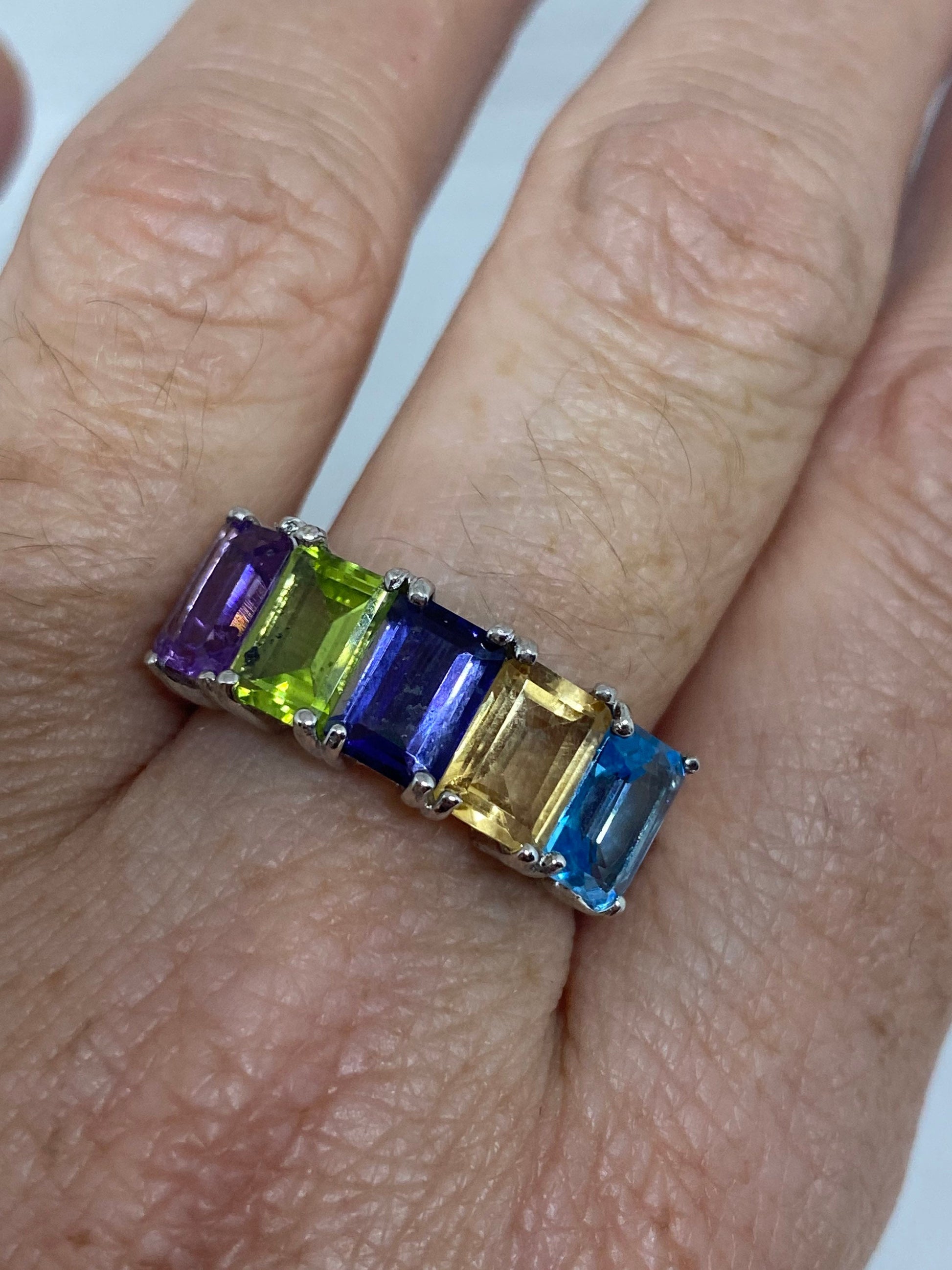 Vintage Mixed Genuine Gemstones 925 Sterling Silver Ring