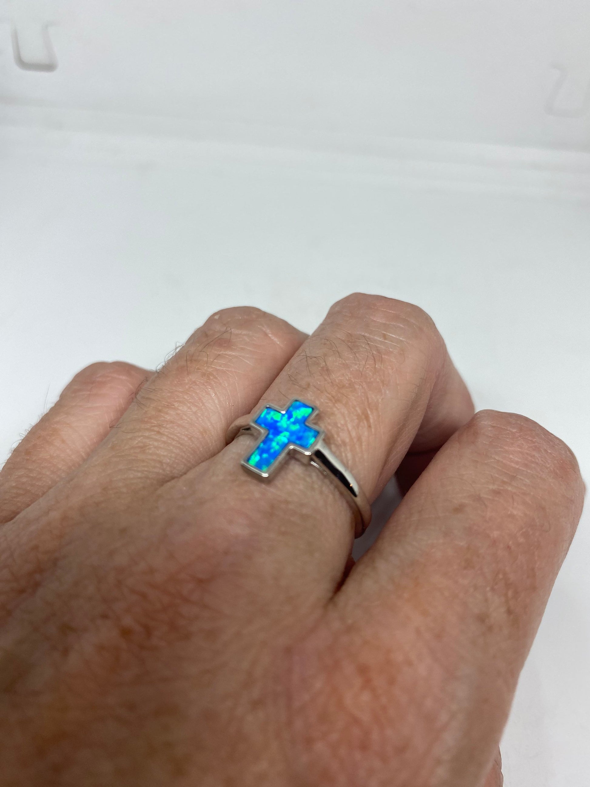 Vintage Handmade Blue Opal Cross 925 Sterling Silver Rhodium Ring