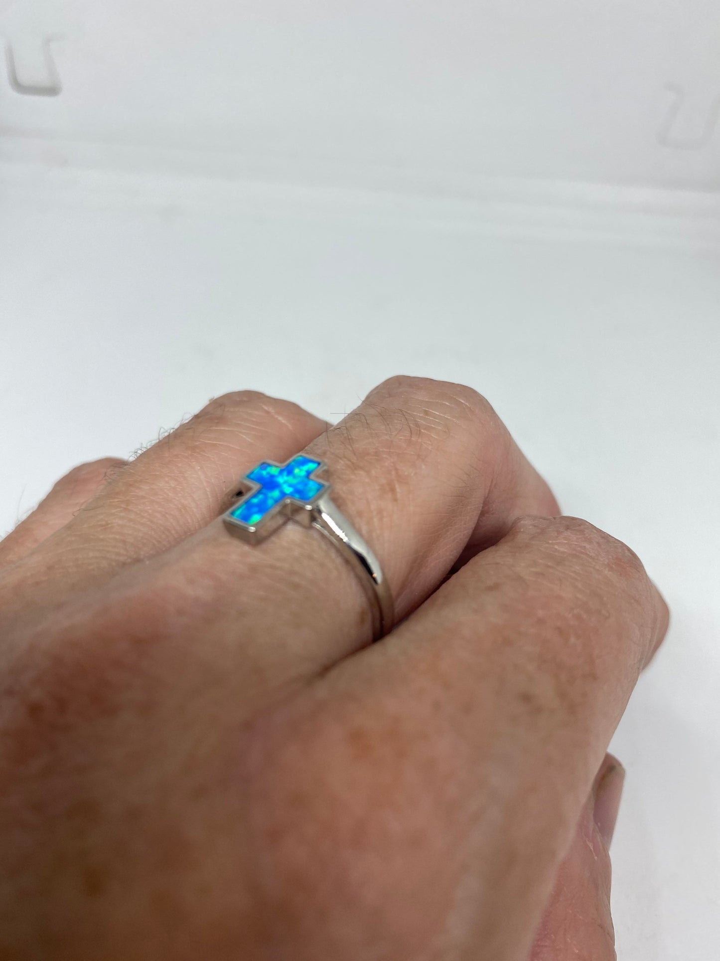 Vintage Handmade Blue Opal Cross 925 Sterling Silver Rhodium Ring