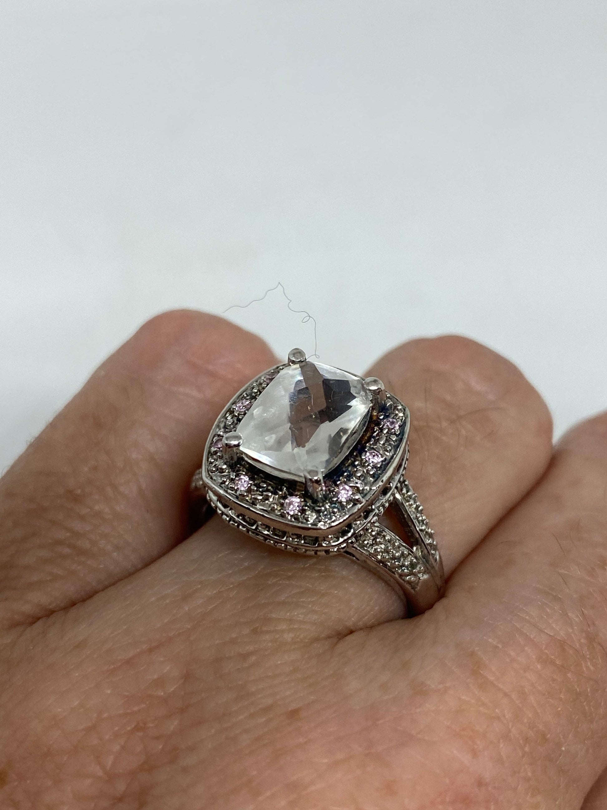 Vintage Clear Quartz Pink Sapphire 925 Sterling Silver Cocktail Ring Size 7