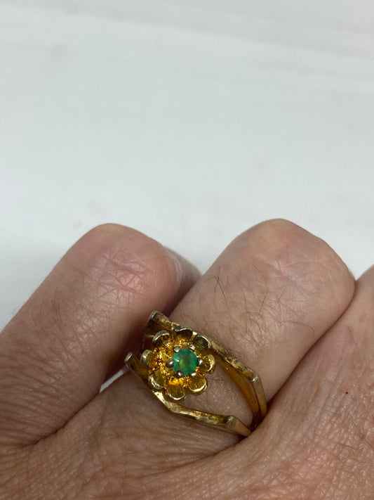 Vintage Handmade Genuine Green Emerald Setting Golden 925 Sterling Silver Gothic Ring