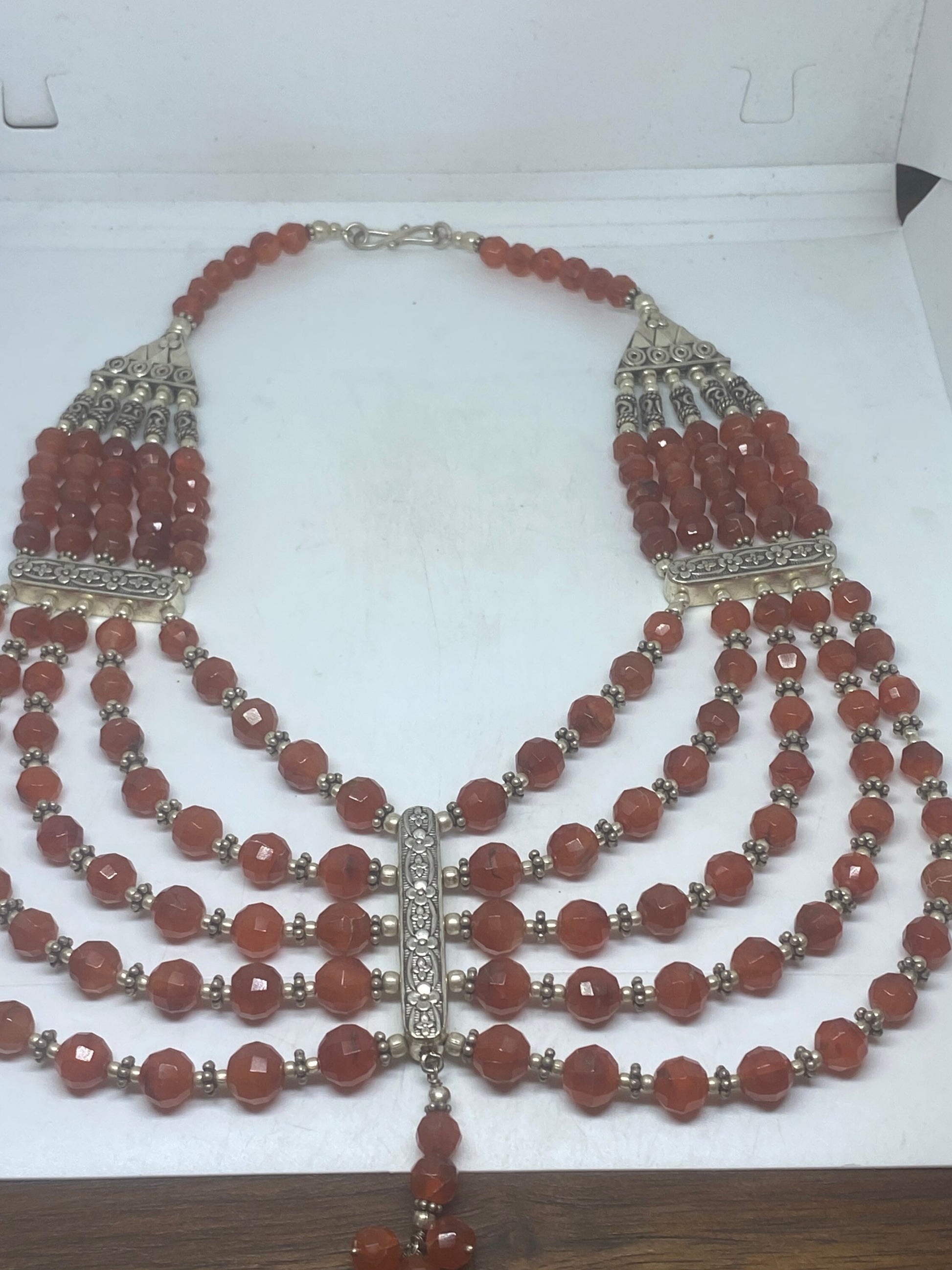 Vintage Moroccan Red Carnelian Crystal Necklace with 925 Sterling Silver
