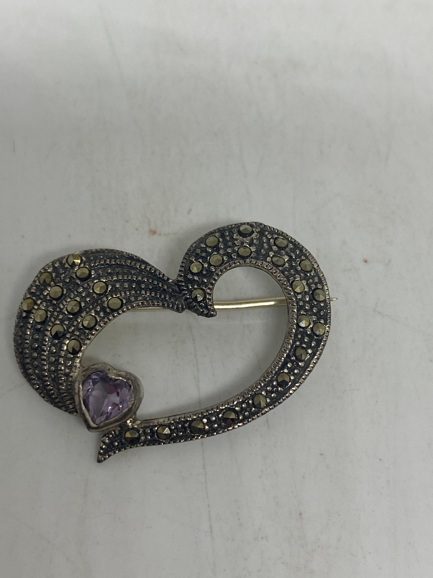 Vintage Heart Pin Marcasite 925 Sterling Silver Amethyst Valentine Brooch