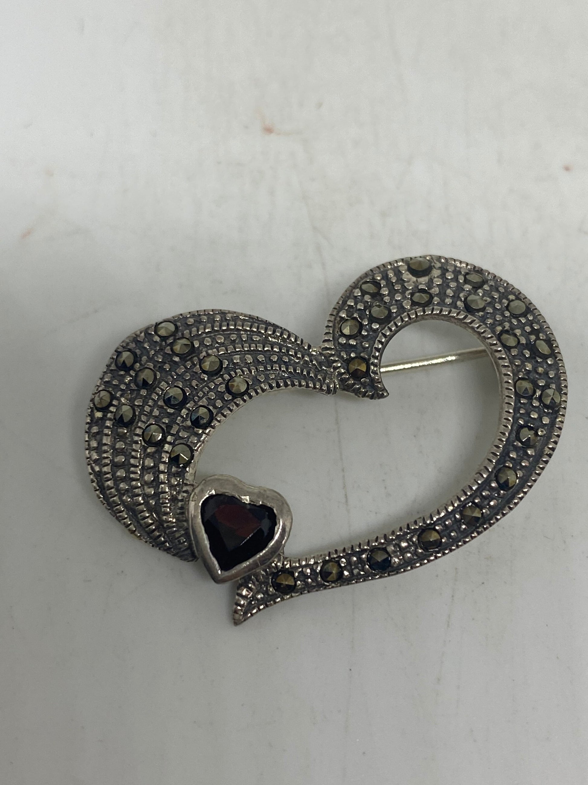 Vintage Heart Pin Marcasite 925 Sterling Silver Garnet Valentine Brooch