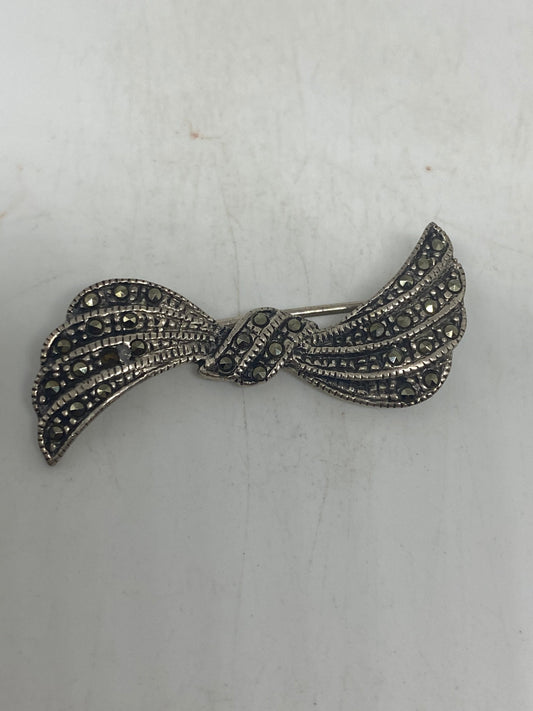 Vintage Bow Pin Marcasite 925 Sterling Silver Brooch