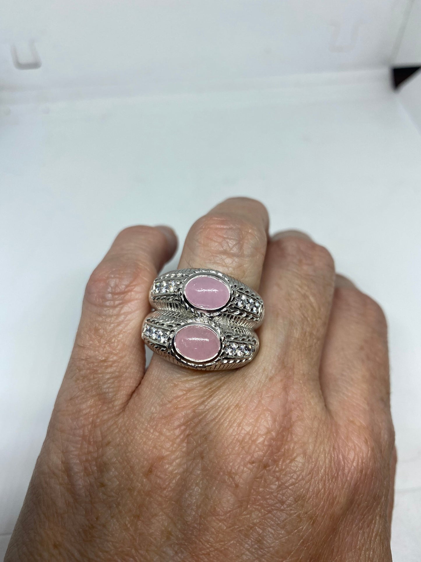 Vintage Genuine Rose Quartz 925 Sterling Silver Ring