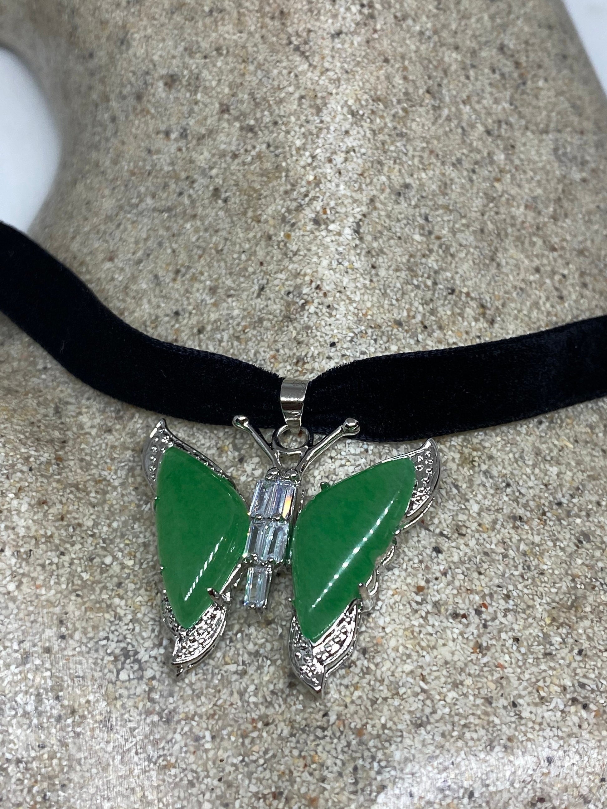 Vinate Green Jade Silver Finish Butterfy Necklace