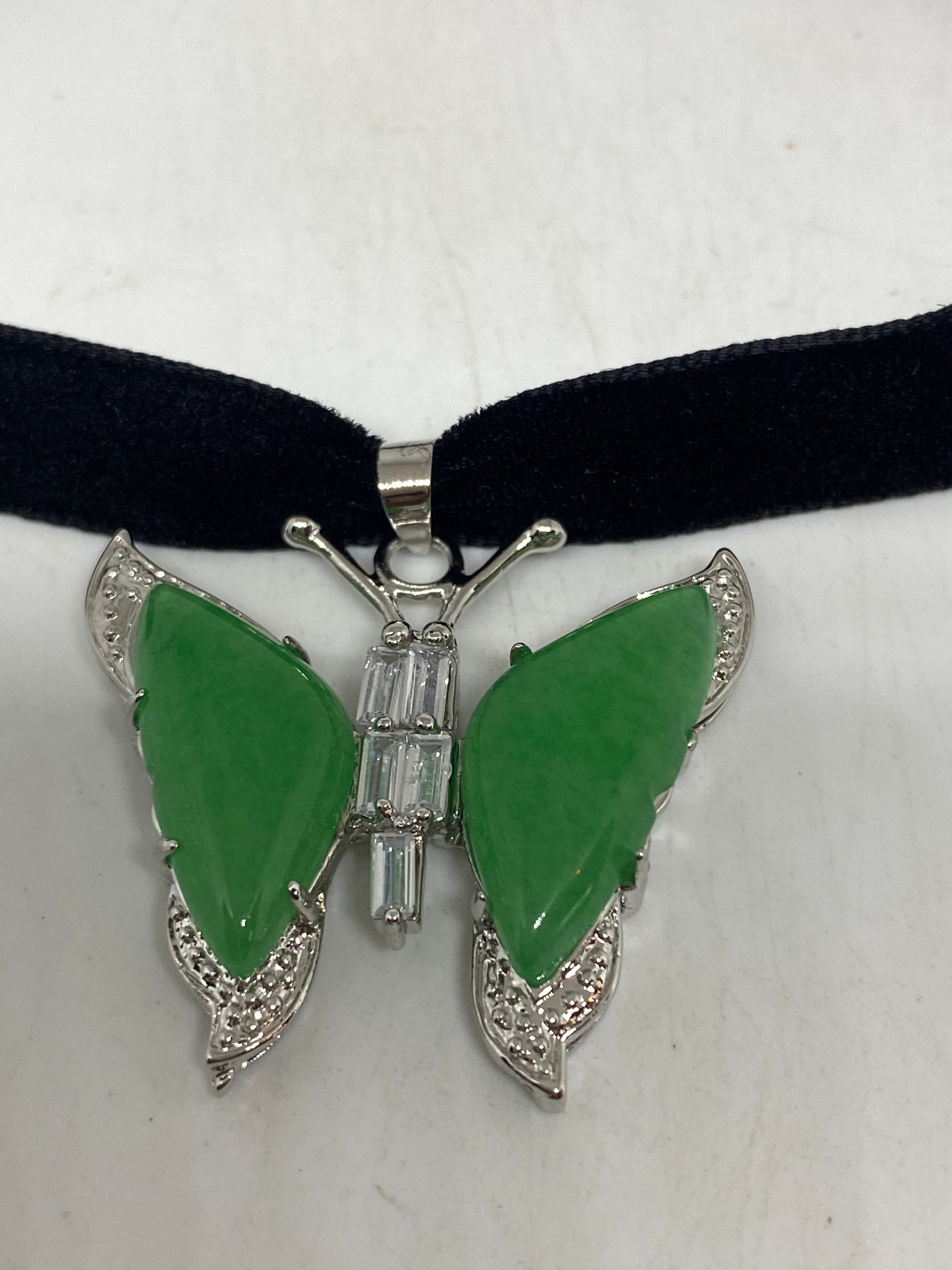 Vinate Green Jade Silver Finish Butterfy Necklace