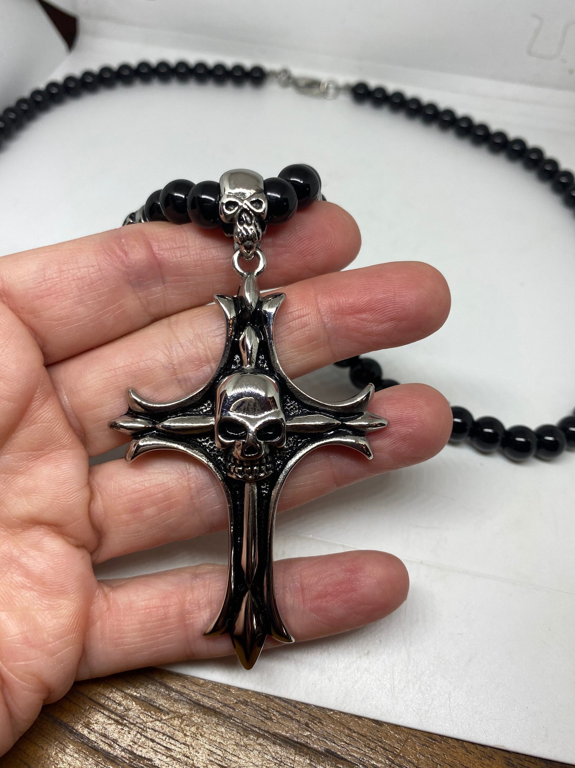 Vintage Black Onyx Silver Stainless Steel Skull Cross Pendant Necklace