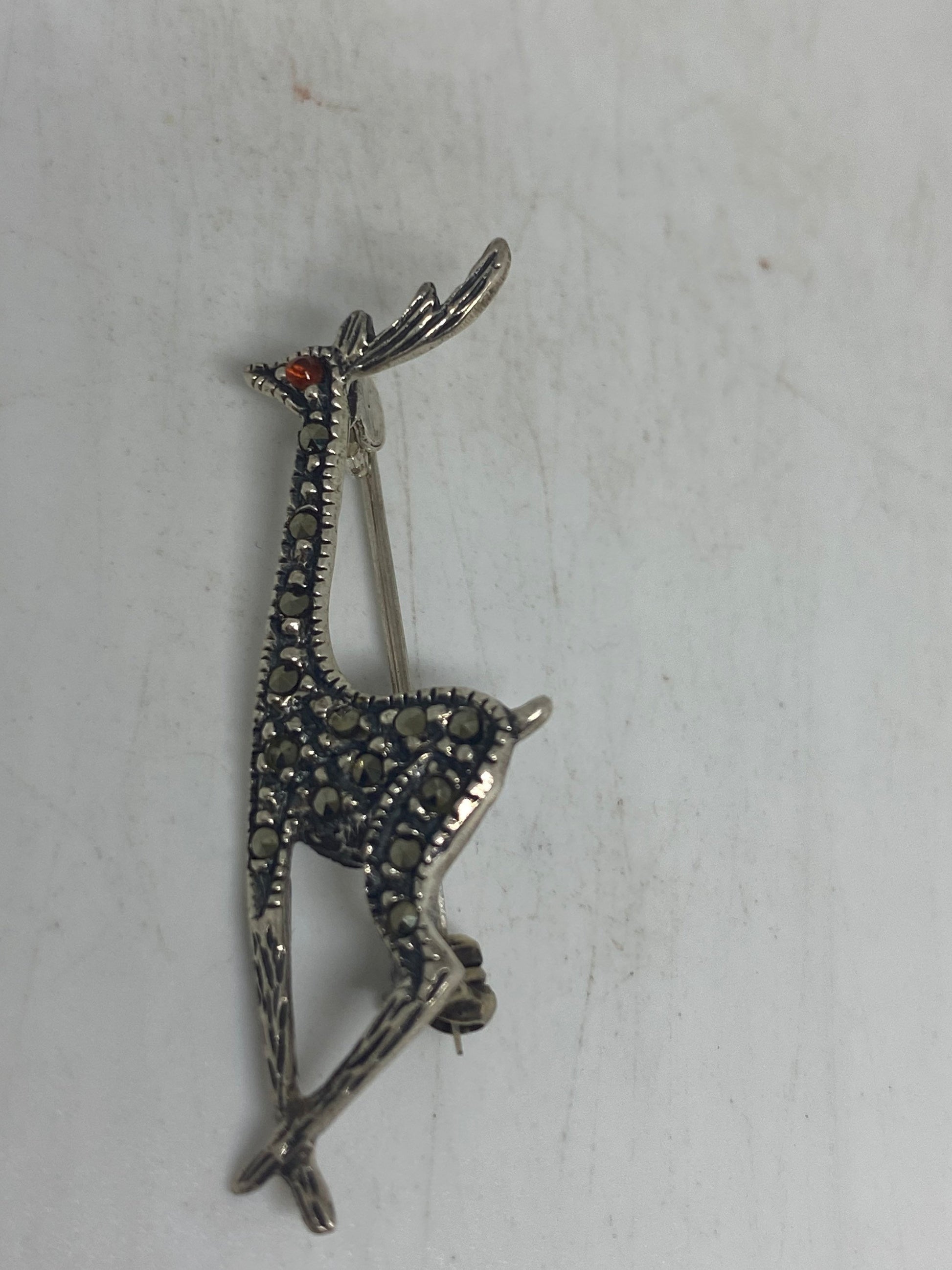 Vintage Deer Pin Marcasite 925 Sterling Silver Brooch