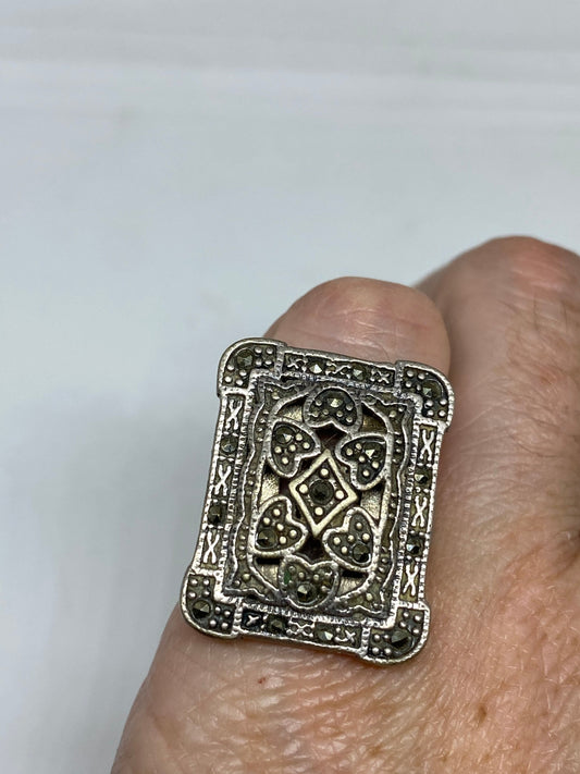 Vintage Handmade Genuine Swiss Marcasite Setting 925 Sterling Silver Gothic Ring