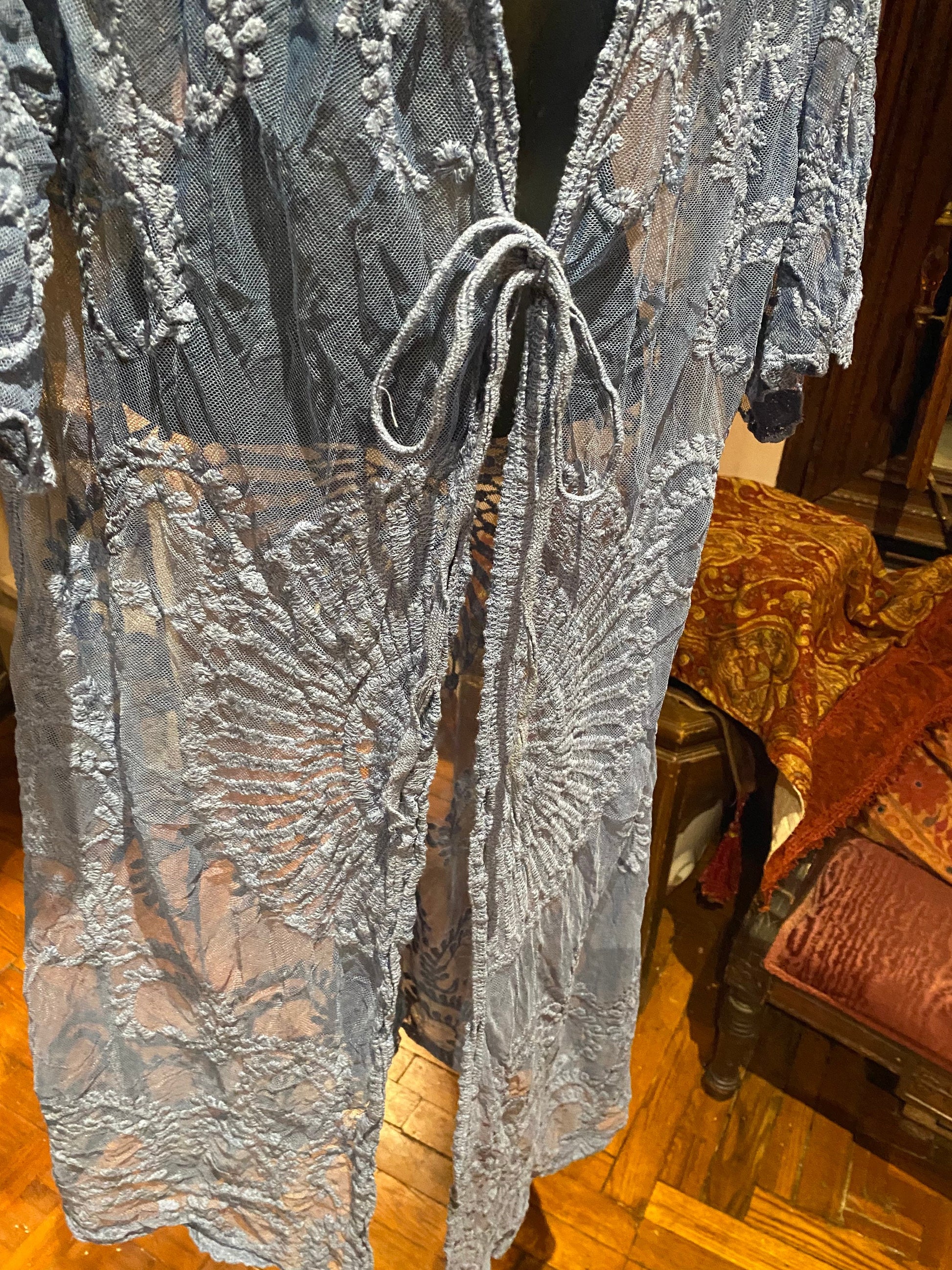 Lace Kimono Jacket Vintage Style Blue Tie Dye Embroidered wrap