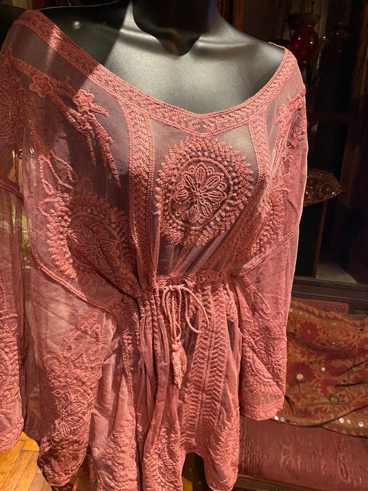 Vintage Style Pink Lace Embroidered kimono jacket