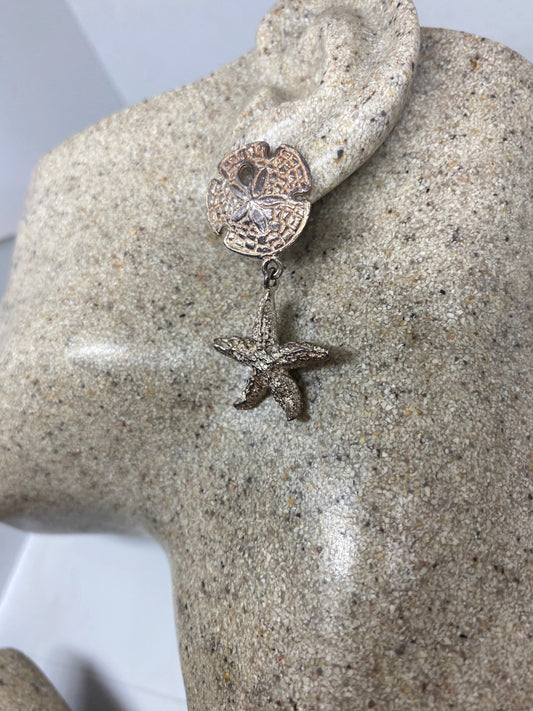 Vintage Sand Dollar Starfish 925 Sterling Silver Dangle Earrings