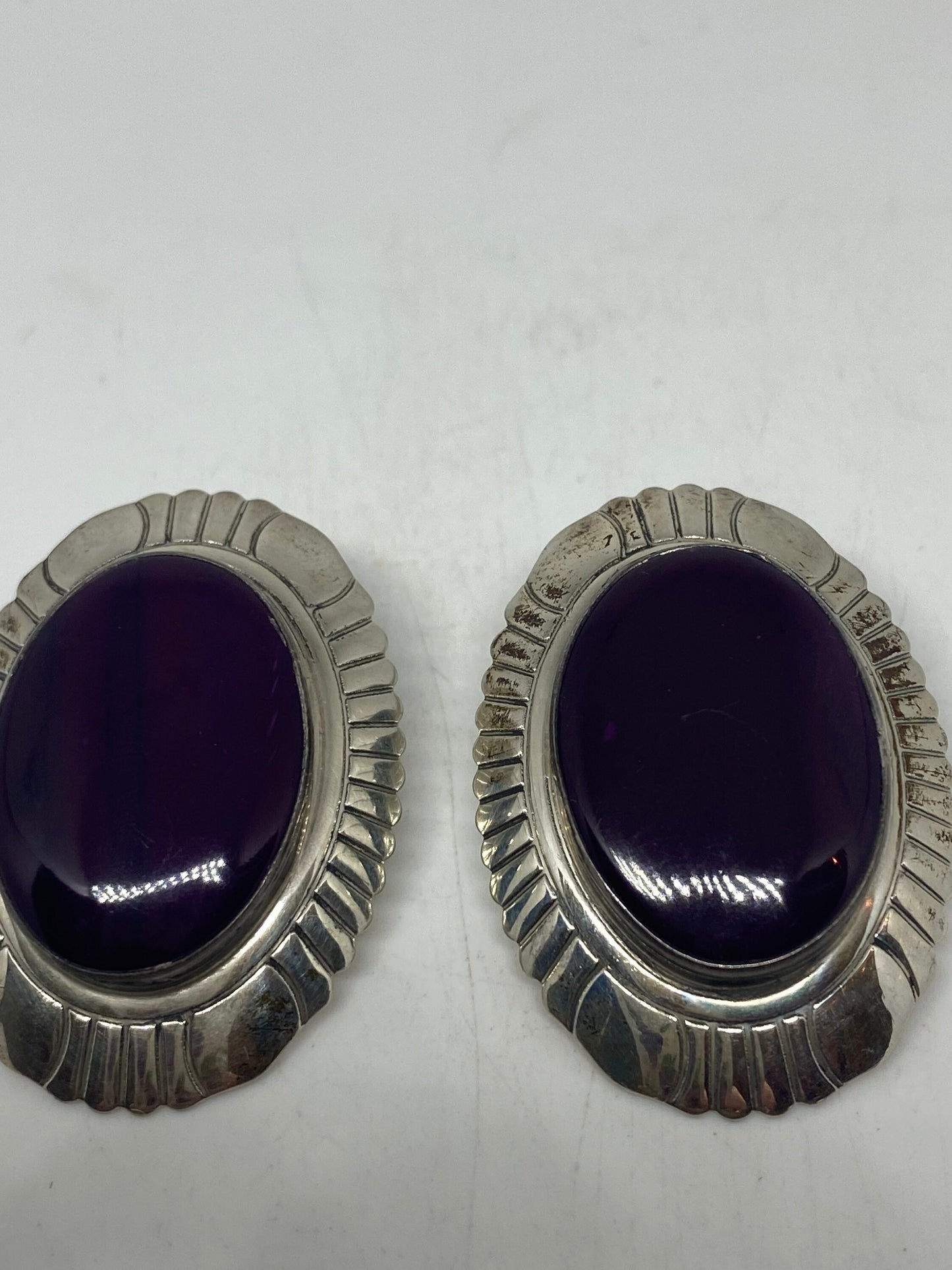 Vintage 925 Sterling Silver Purple Onyx Button Earrings