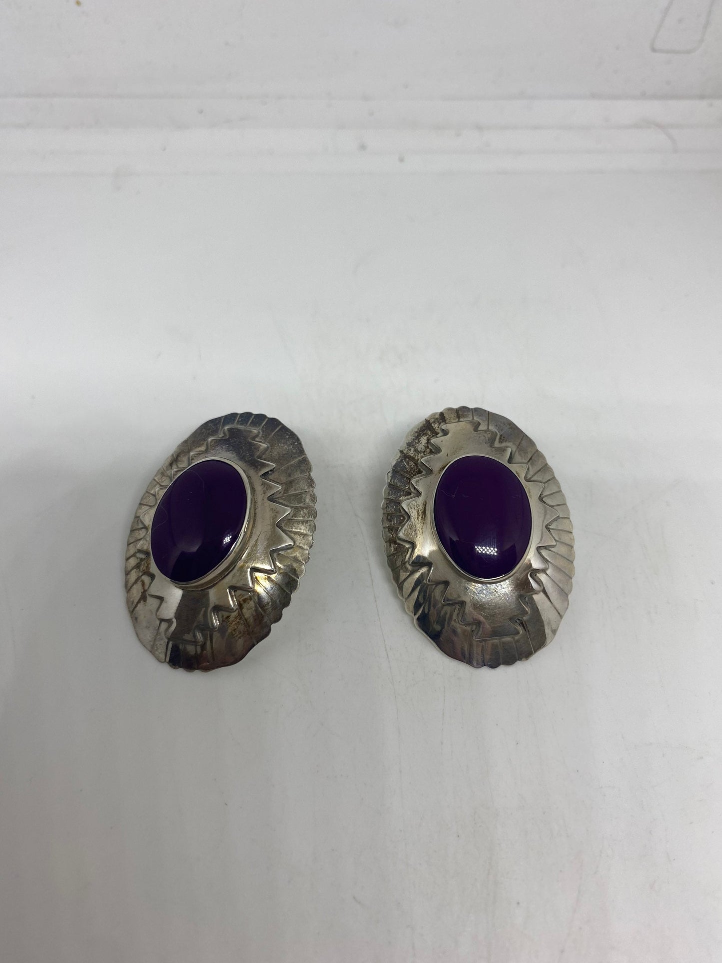 Vintage 925 Sterling Silver Purple Onyx Button Earrings
