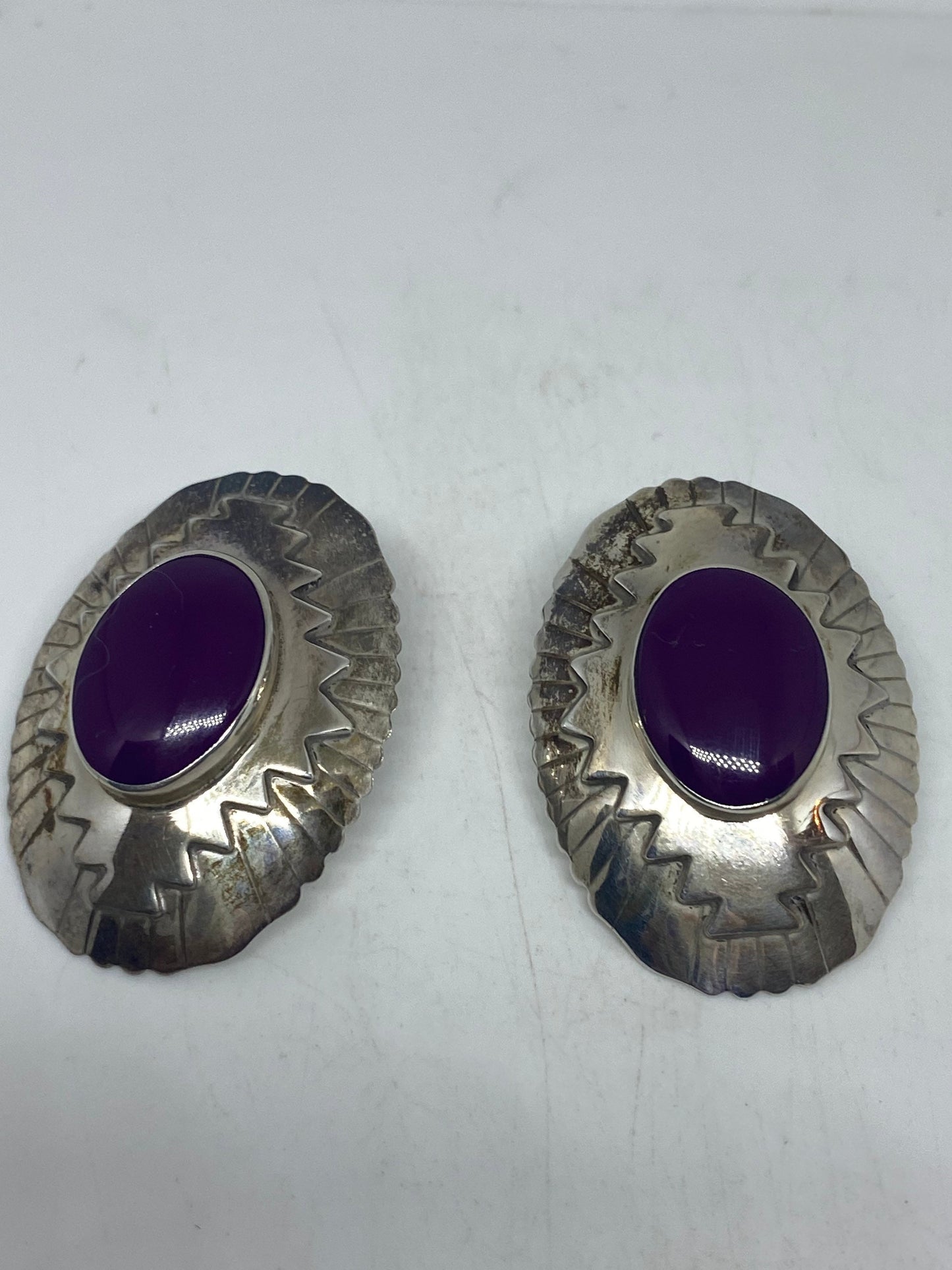 Vintage 925 Sterling Silver Purple Onyx Button Earrings