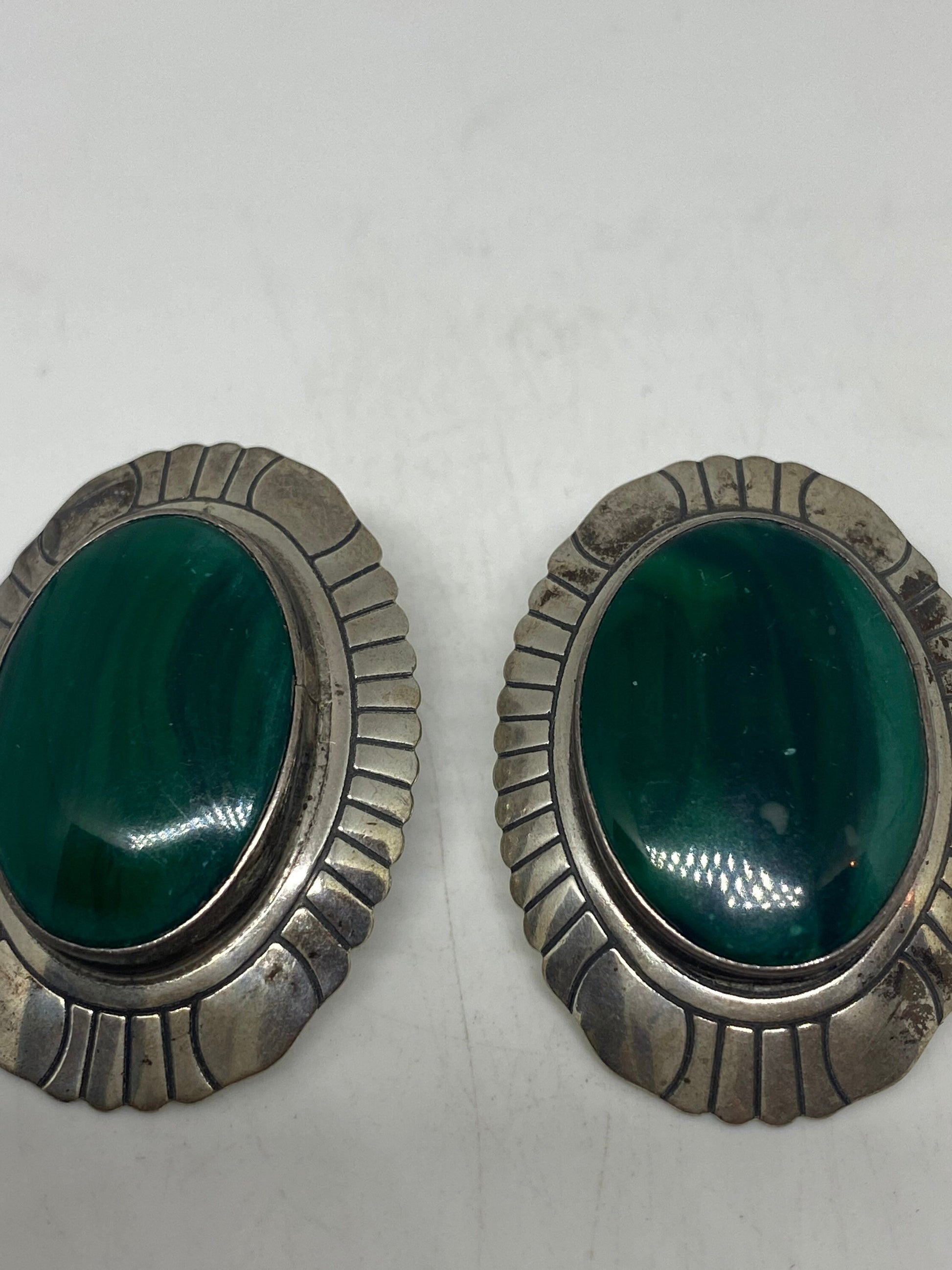 Vintage 925 Sterling Silver Green Onyx Button Earrings