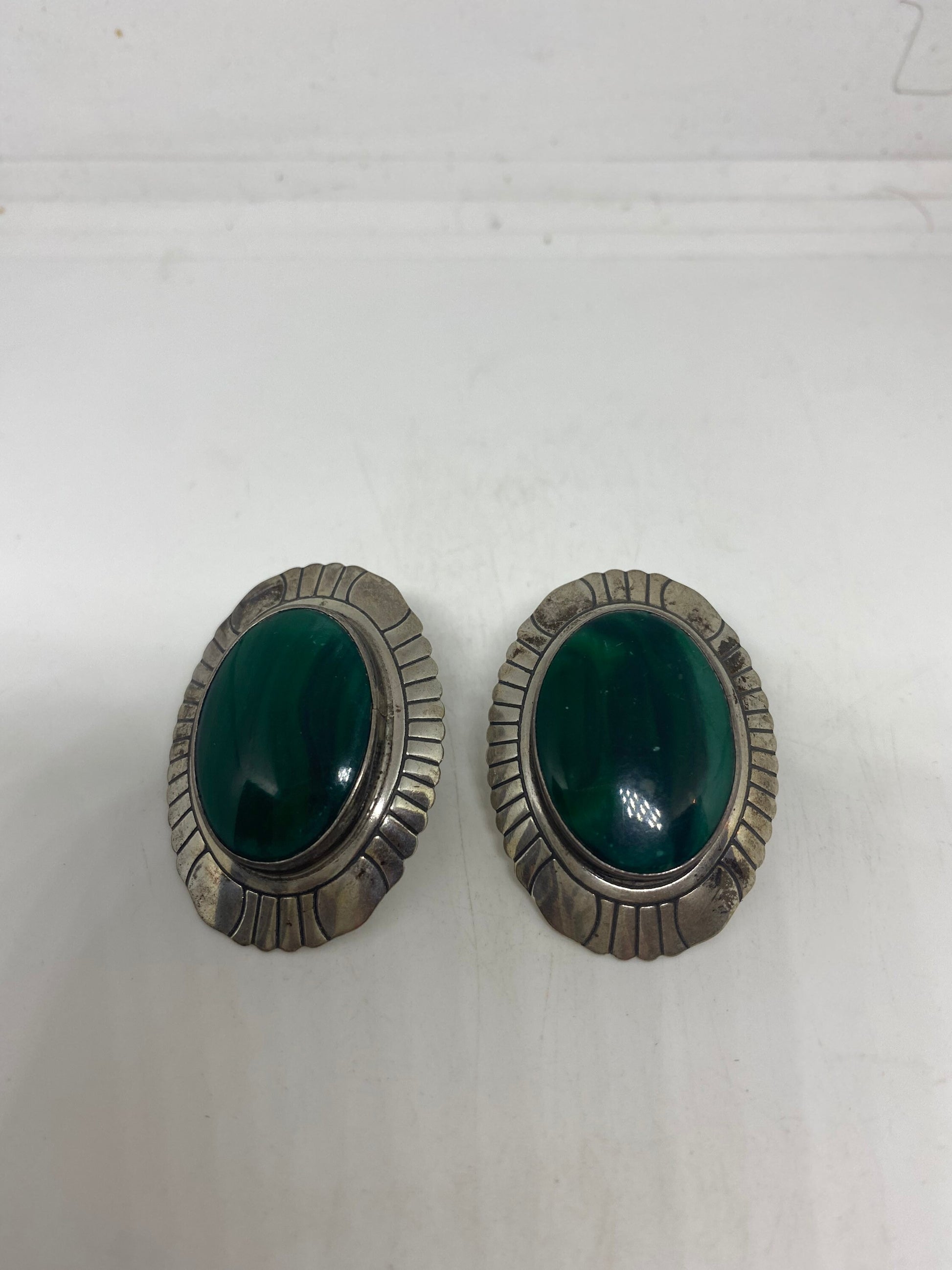 Vintage 925 Sterling Silver Green Onyx Button Earrings