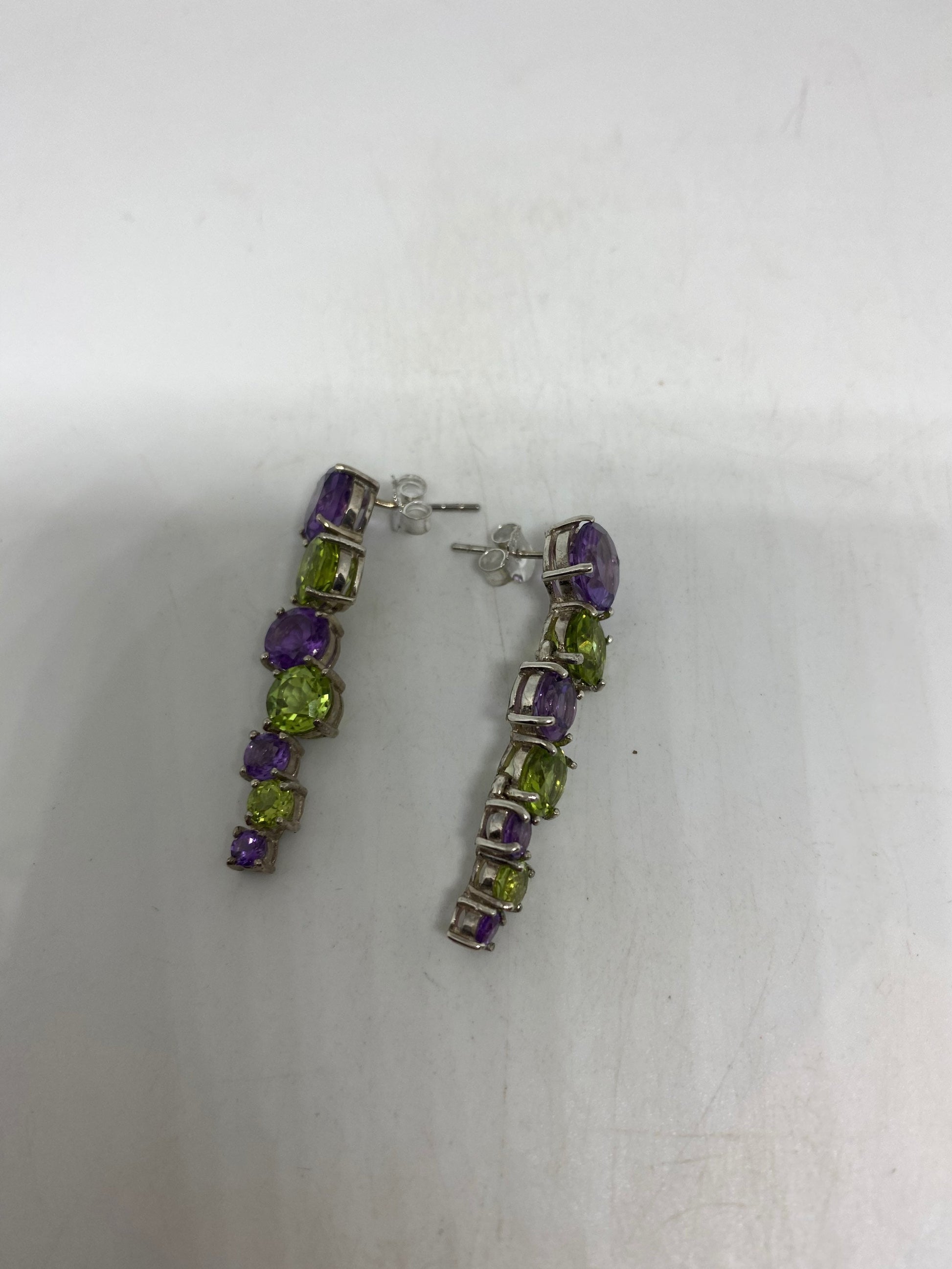 Vintage Sterling Silver Green Peridot Amethyst Chandelier Earrings